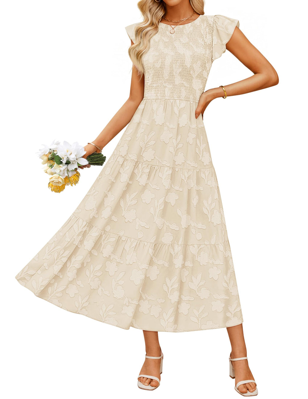 Luxuii Boho Floral Casual Flutter Crewneck Smocked Flowy Beach Long Dresses