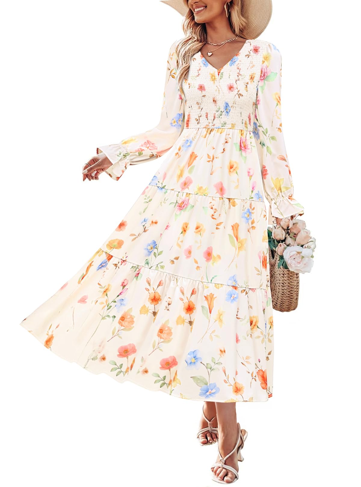 Luxuii Floral Boho V Neck A-Line Flowy Wedding Guest Dresses