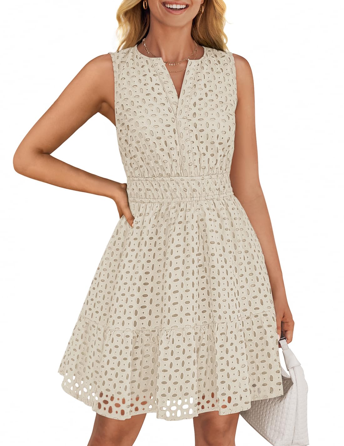 Luxuii Sleeveless V Neck Hollow Out Eyelet High Waist Dresses