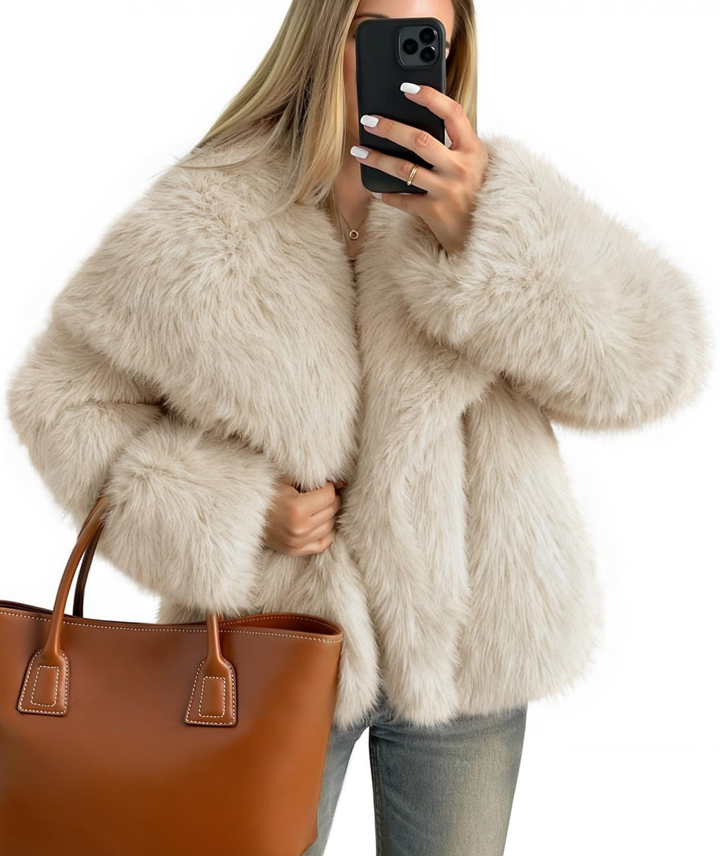 Luxuii Winter Faux Fur Coats Fluffy Jacket Lapel Shaggy Warm Outerwear
