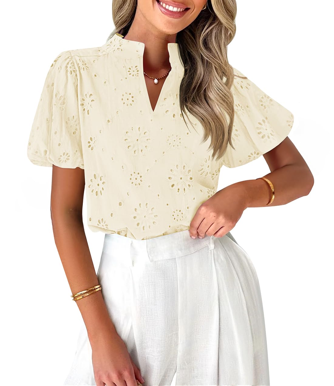 Luxuii V Neck Casual Hollow Out Lace Embroidered Blouse Tops