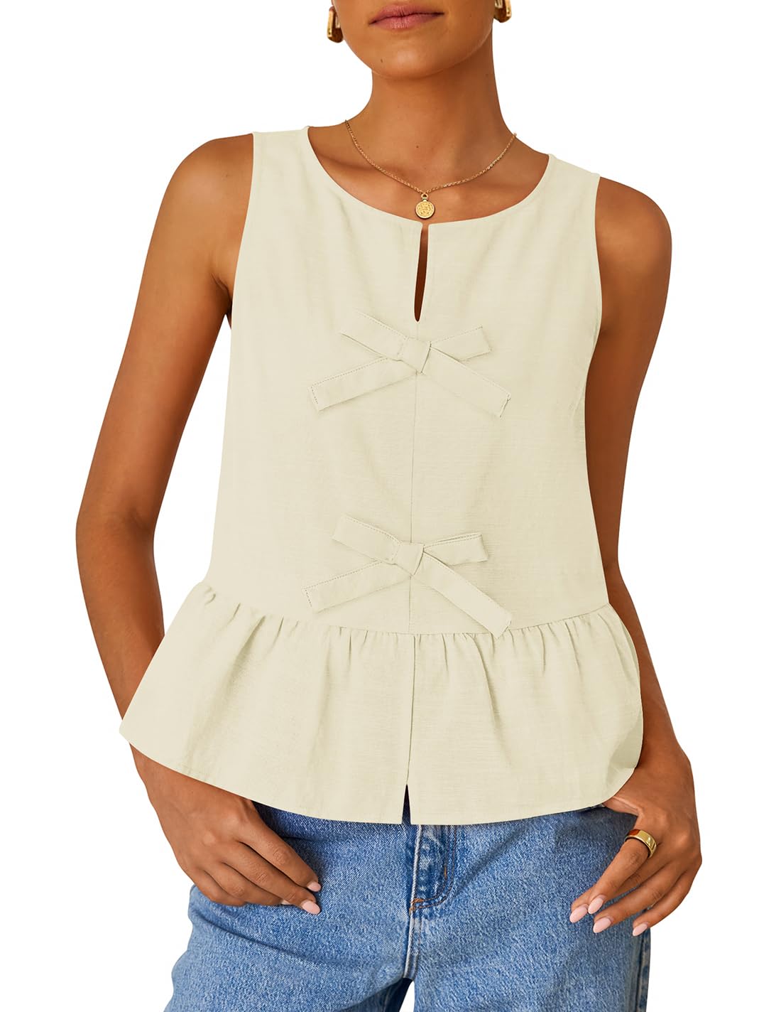 Luxuii Tank Tops Tie Front Ruffle Peplum Babydoll Blouses