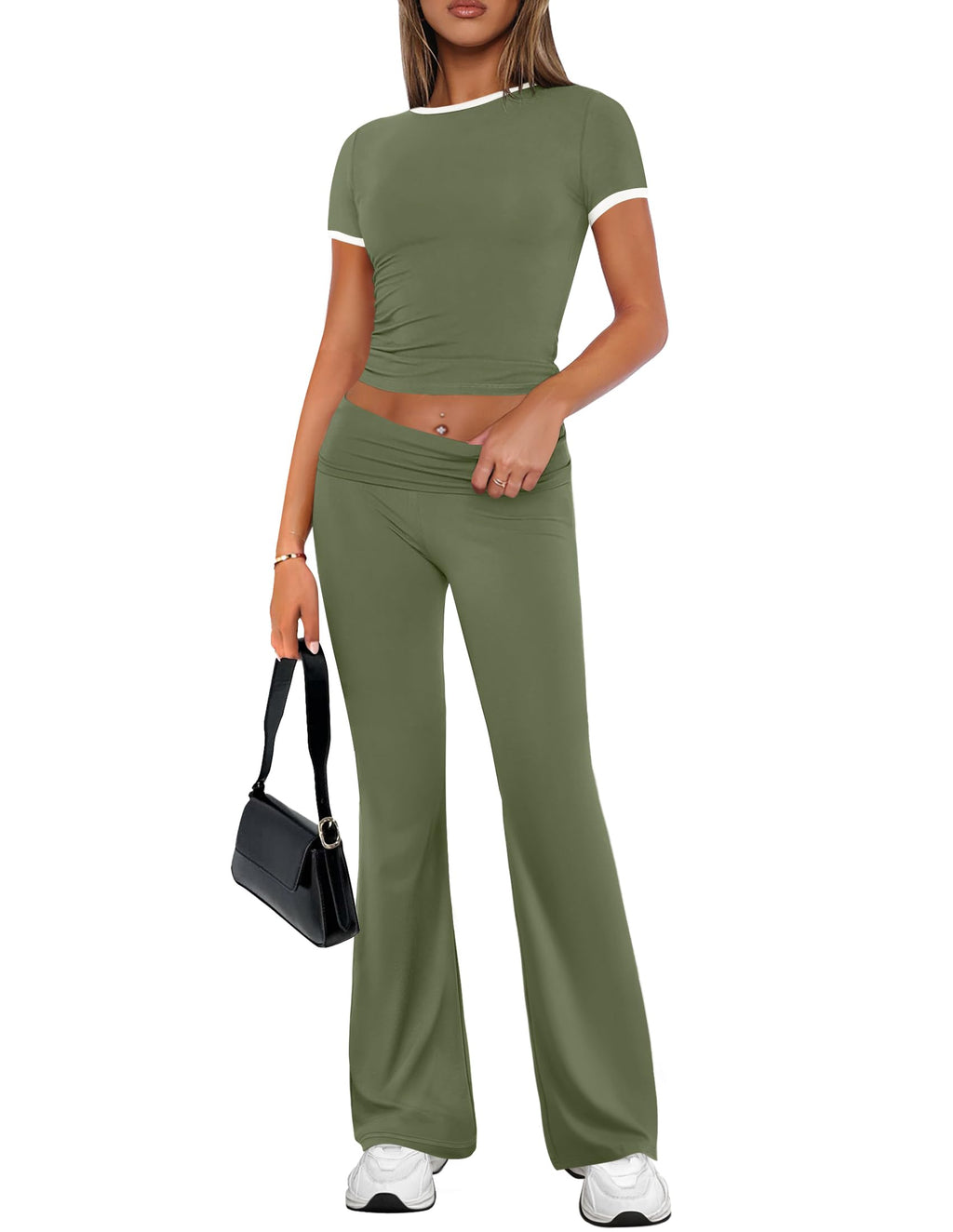 Luxuii Short Sleeve Knit Crop Top High Waist Flare Pants Tracksuits