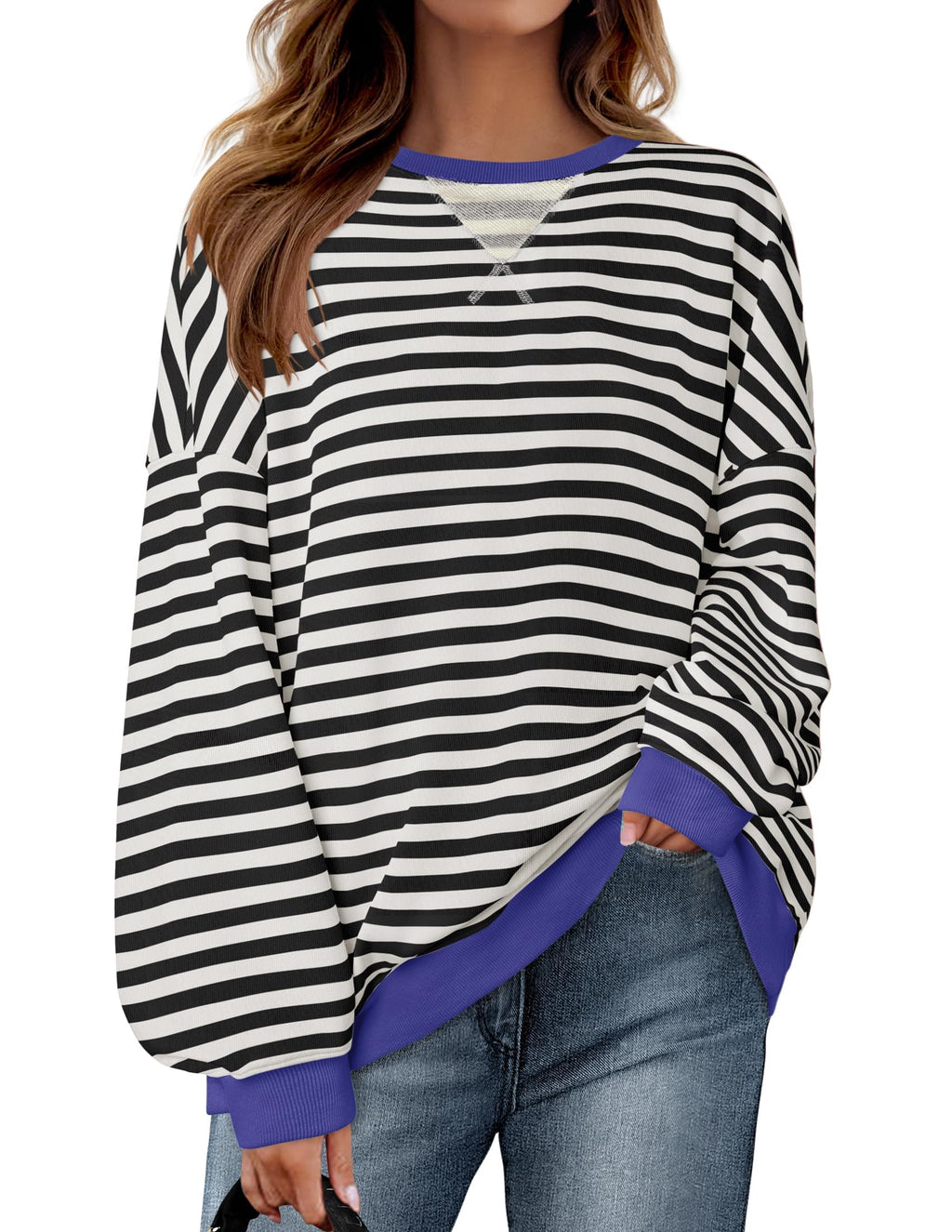 Luxuii Womens Casual Striped Pullover Long Sleeve Shirts Crewneck Sweatshirts