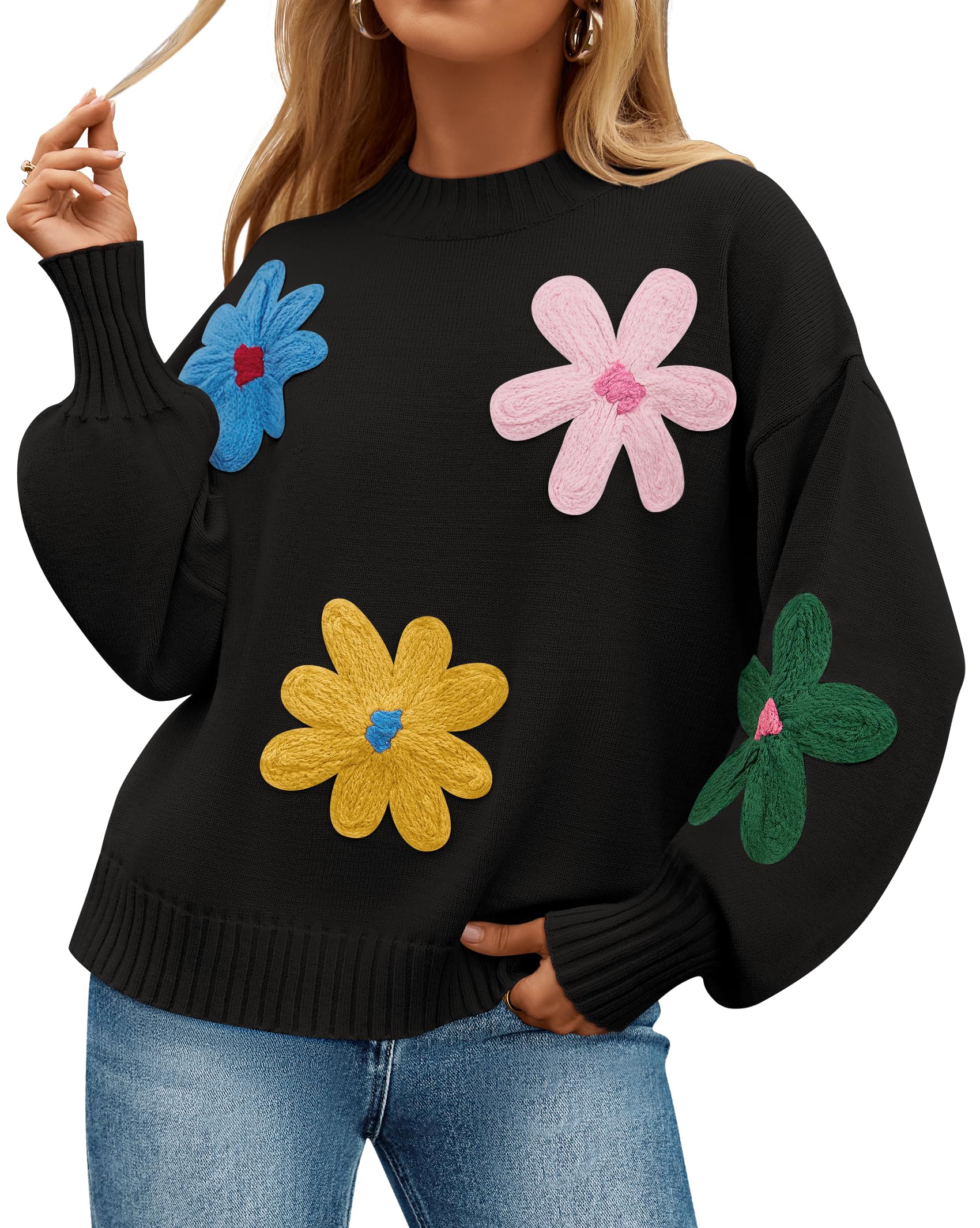 Luxuii Crewneck Ribbed Knit Flower Color Block Loose Pullover Tops