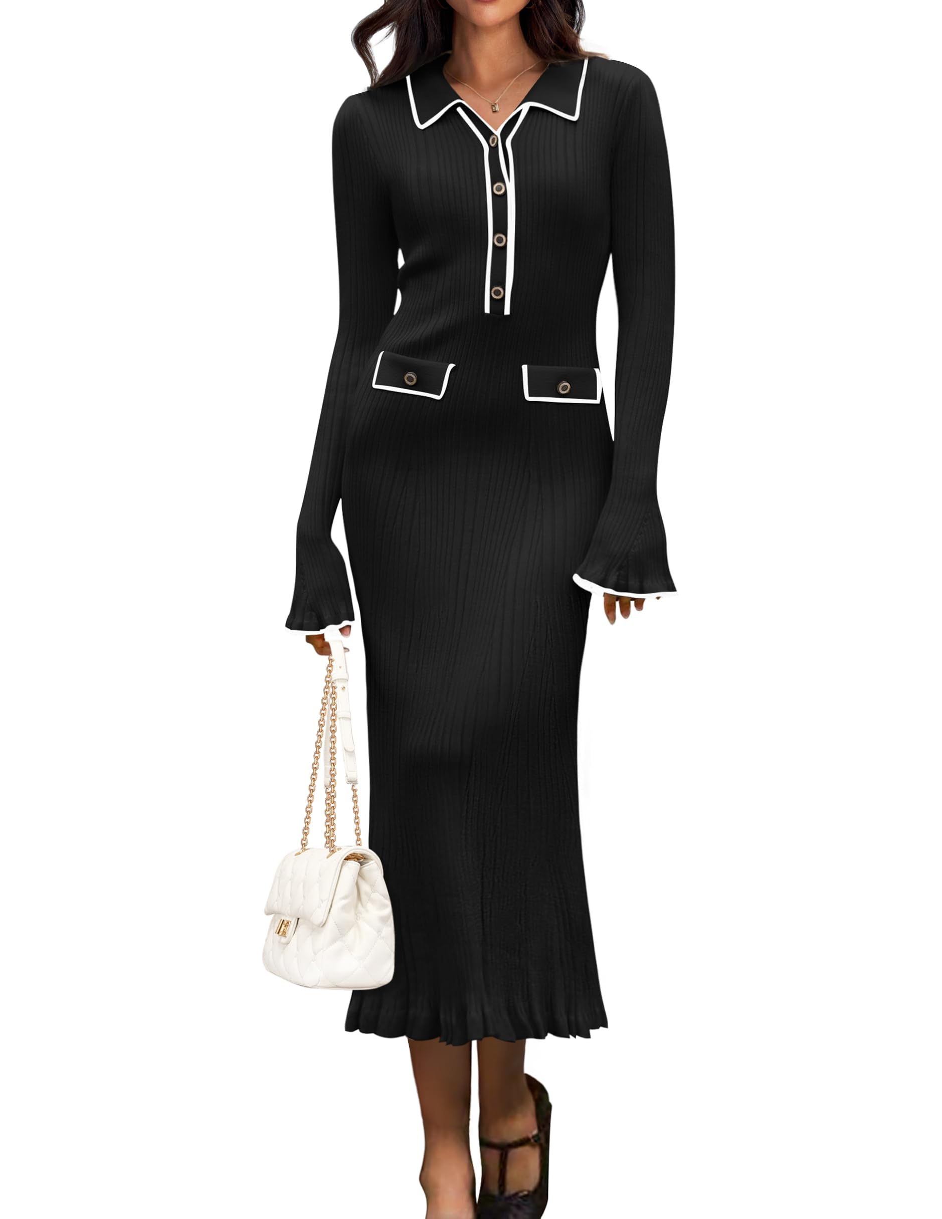 Luxuii Ribbed Button V Neck Elegant Trendy Ruffle Midi Dresses