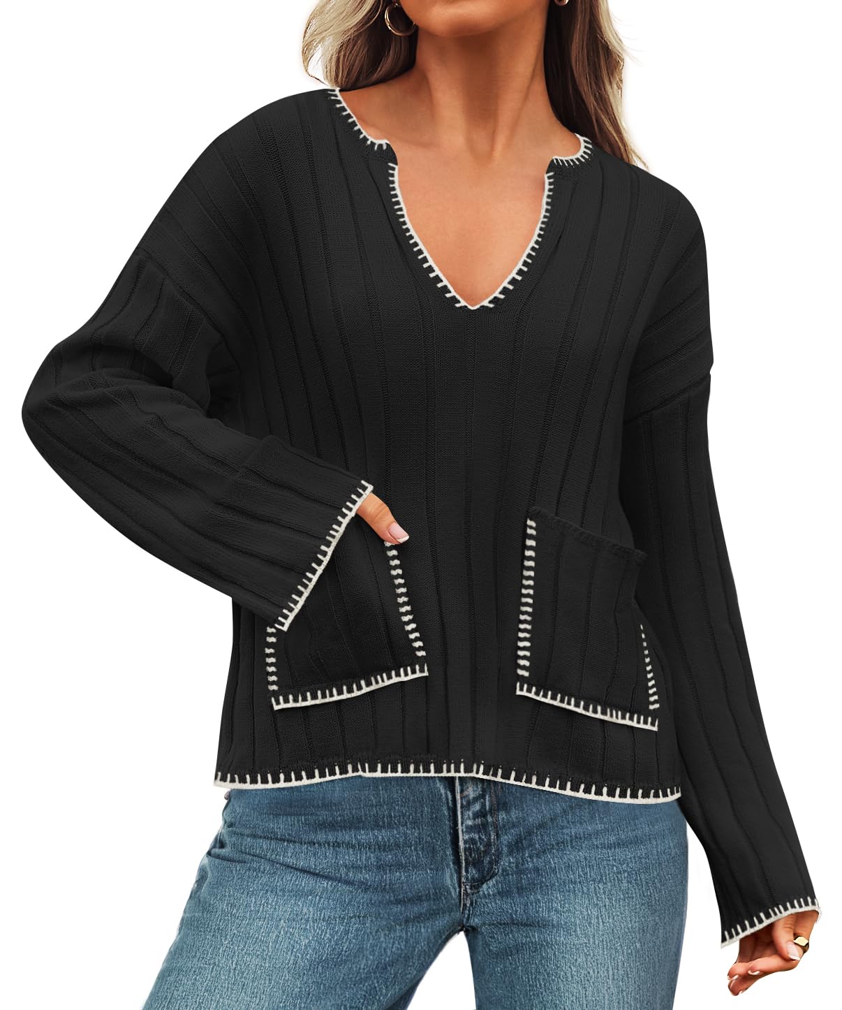 Luxuii Women's Ribbed V Neck Long Sleeve Sweaters