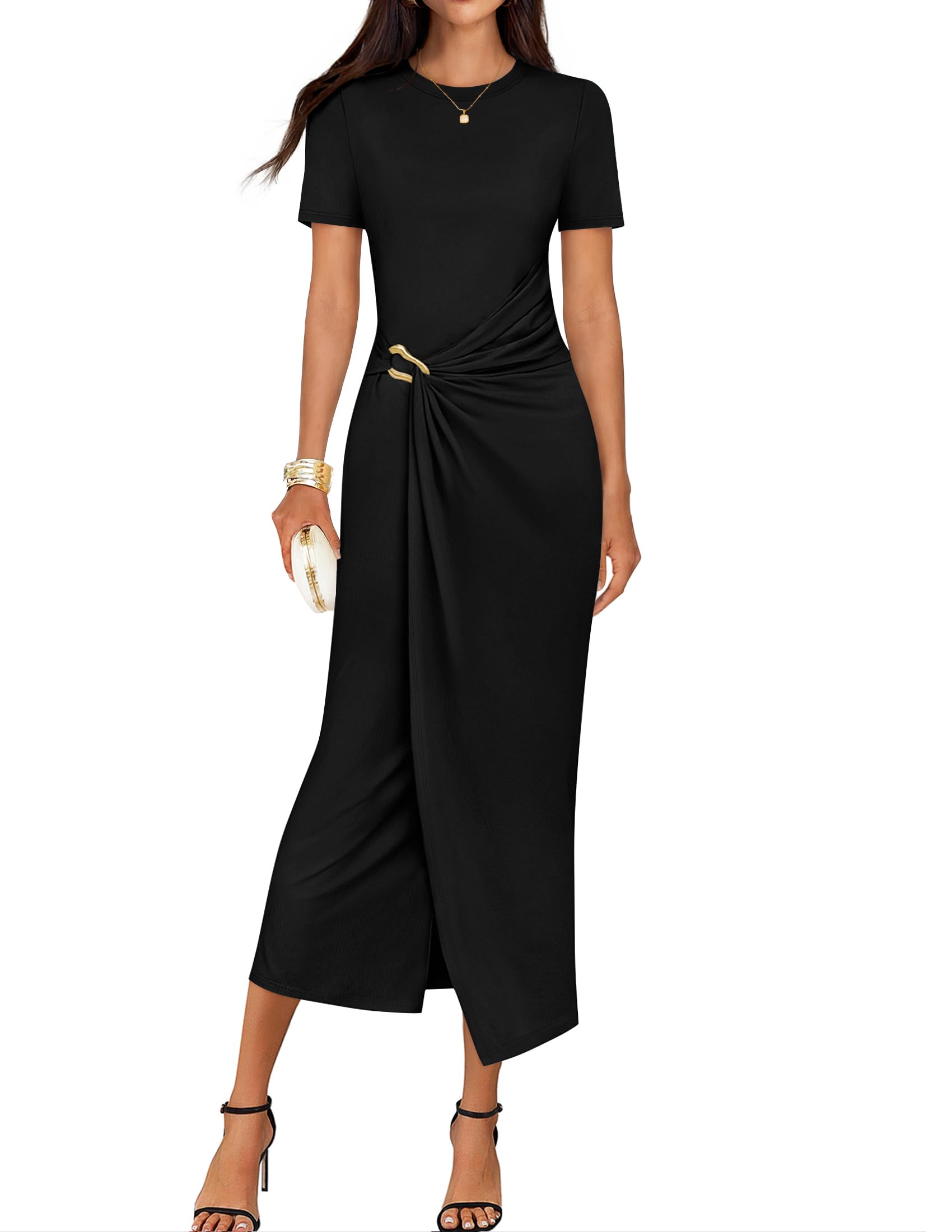 Luxuii Bodycon Crewneck Ruched Wedding Guest Cocktail Party Long Dresses