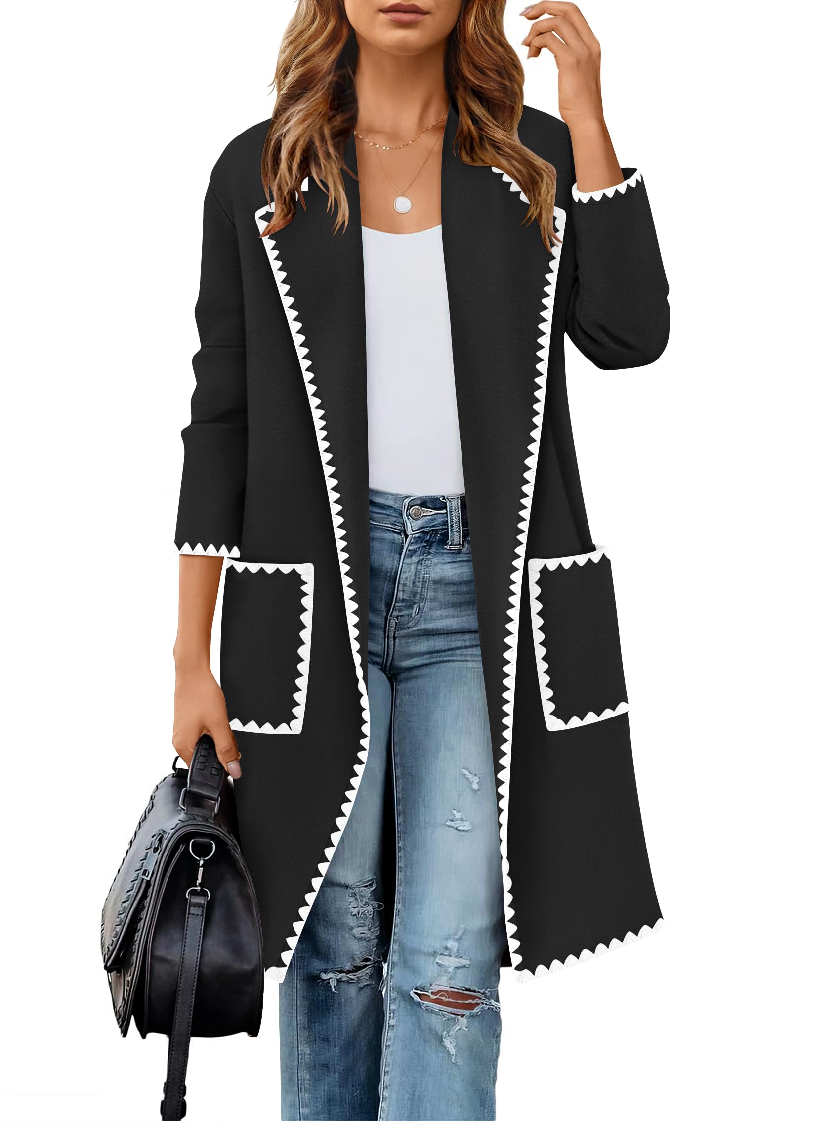 Luxuii Open Front Long Cardigan Sweater Casual Lapel Coatigan Coat