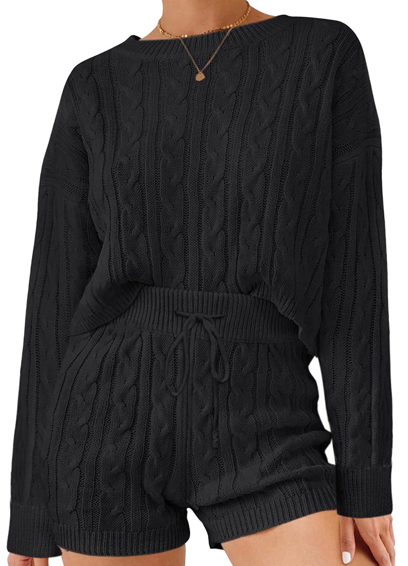 Luxuii Cable Knit Pullover Tops and Drawstring Shorts Lounge Set