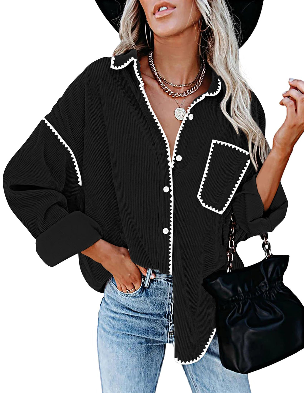 Luxuii Corduroy Shacket Jacket Button Down Blouses Tops