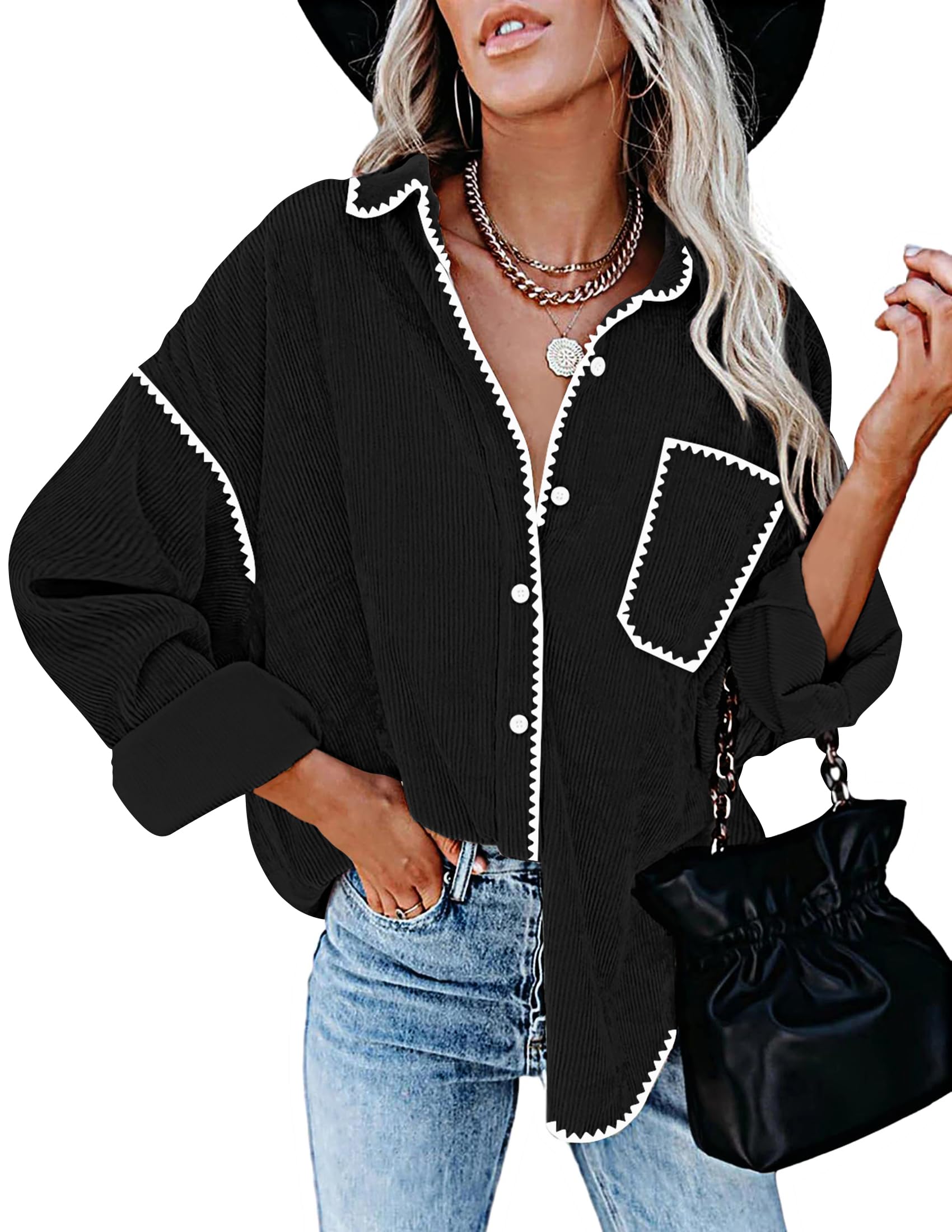 Luxuii Corduroy Shacket Jacket Button Down Blouses Tops
