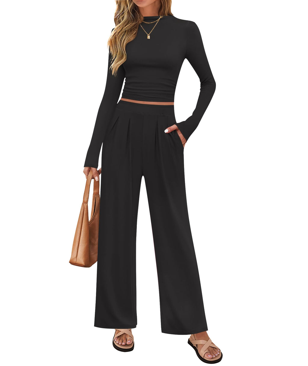 Luxuii Ruched Fitted Crop Top Wide Leg Pants Knit Lounge Sets