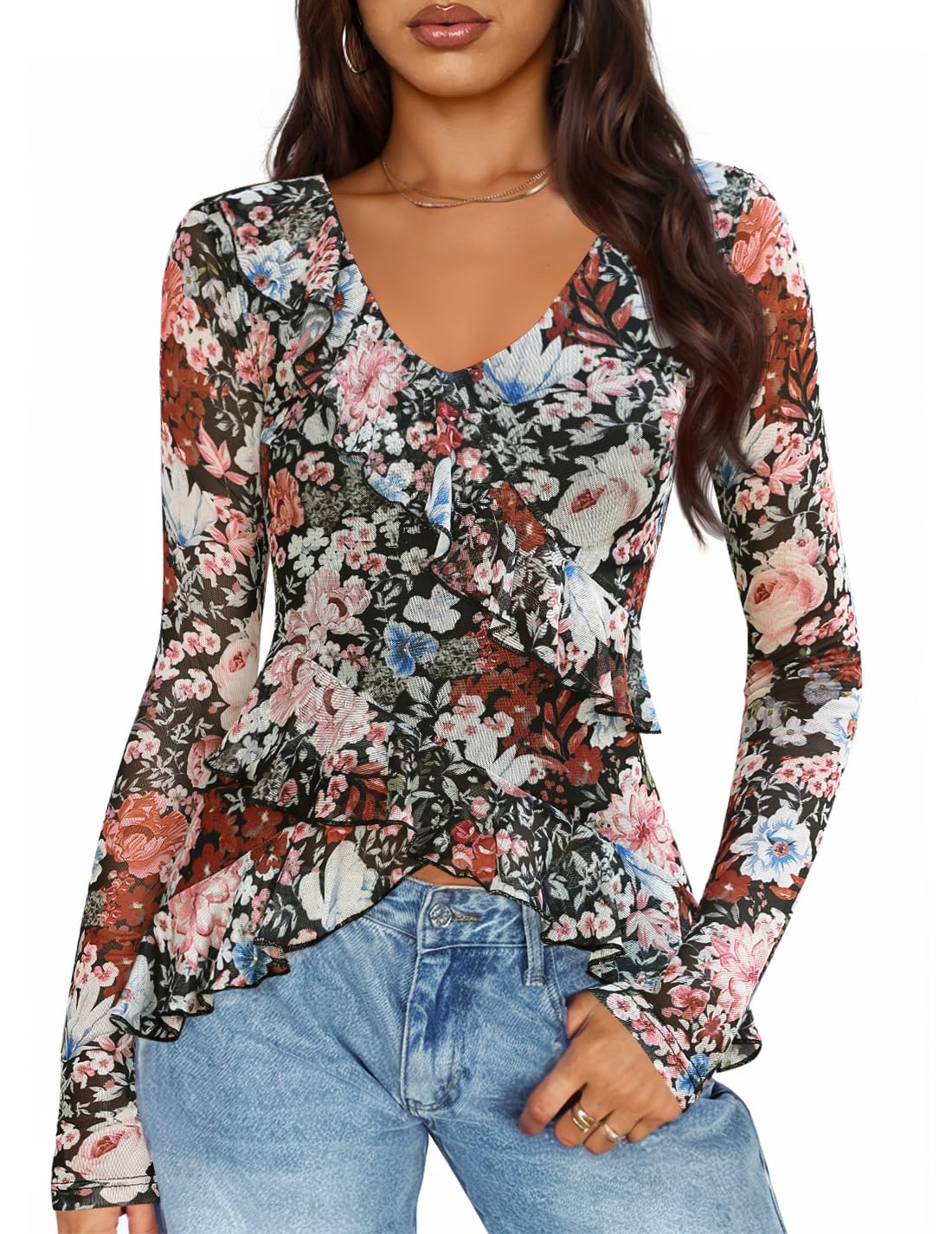Luxuii Floral Shirts V Neck Going Out Ruffle Tops Blouses