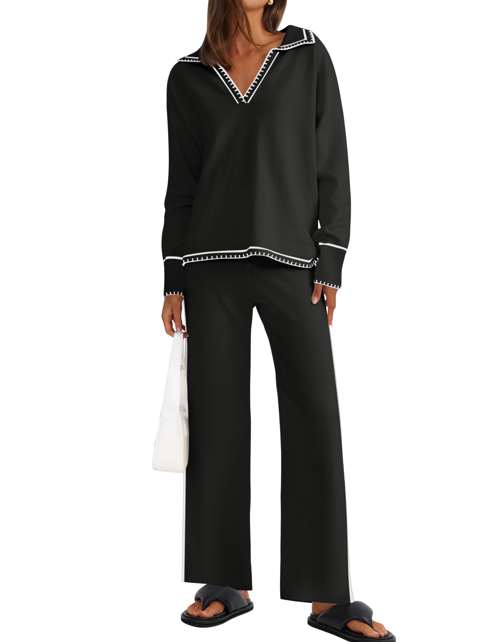 Luxuii V Neck Knit Tops Wide Leg Pants Sweatsuit Lounge Sets