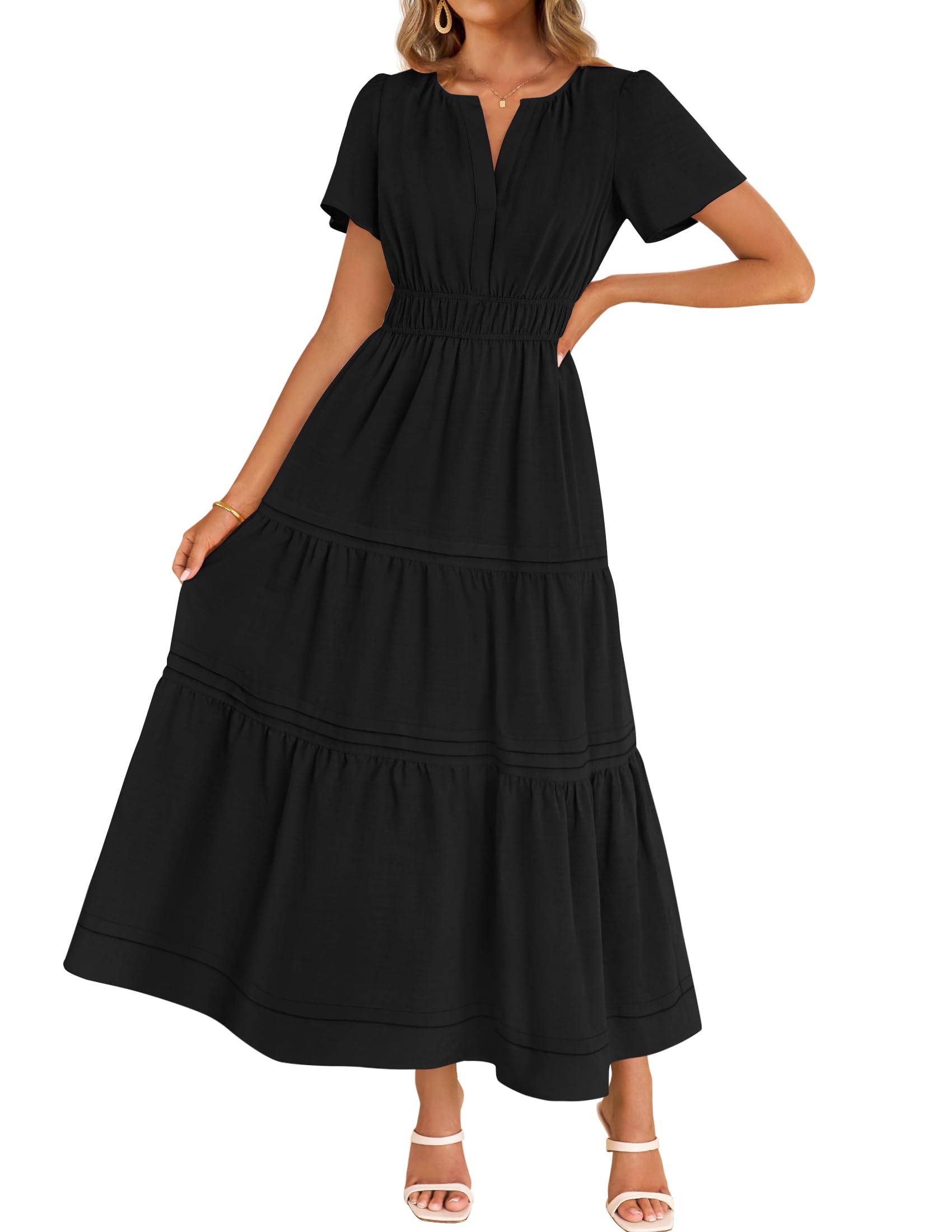 Luxuii Short Sleeve V Neck Elastic Waist Tiered Flowy Boho Dress
