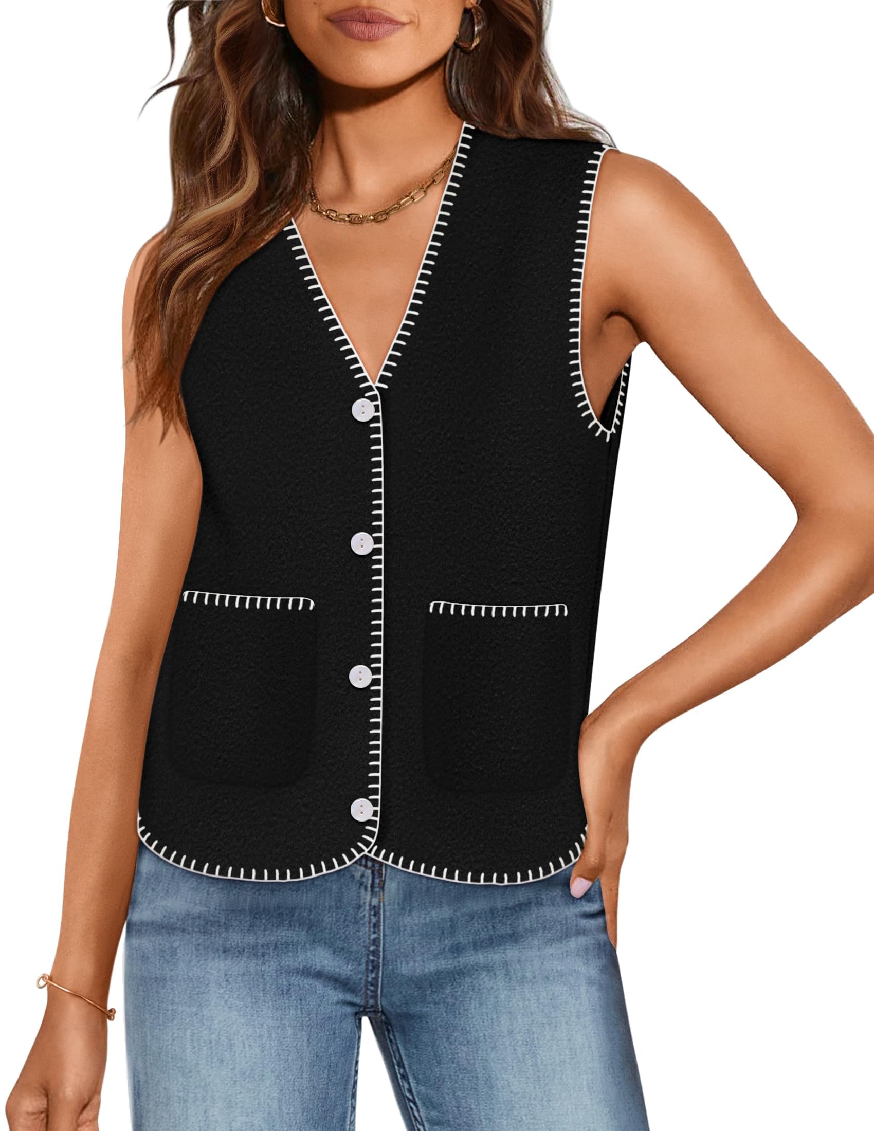 Luxuii Vest V Neck Knit Button Down Loose Crop Tank Tops