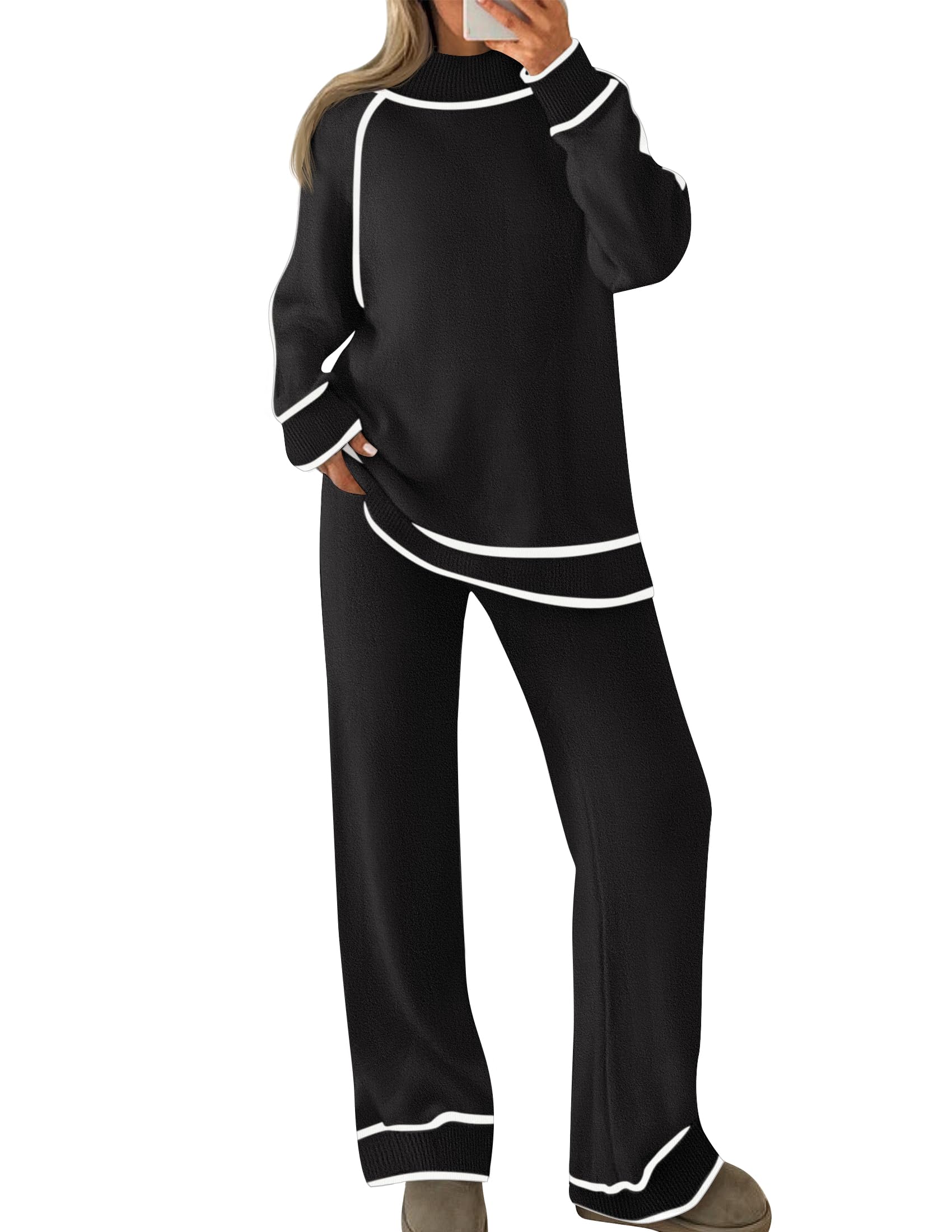 Luxuii Turtleneck Pullover Tops Wide Leg Pants Lounge Sets