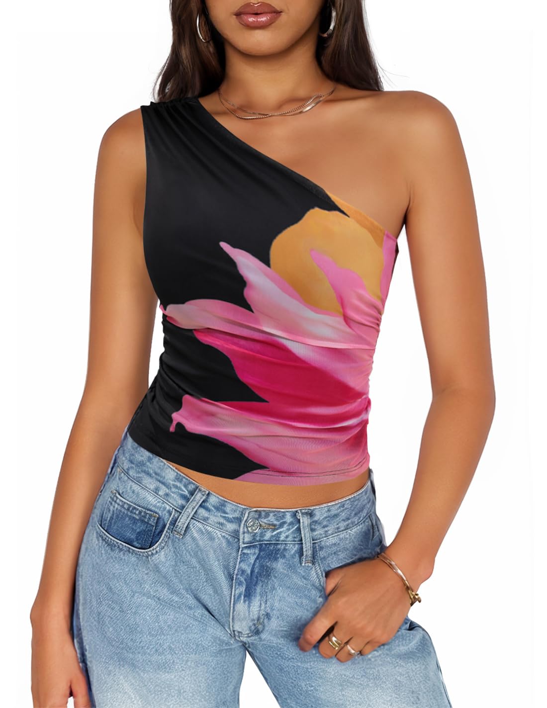 Luxuii Going Out Tank Top Floral Off Shoulder Slim Fit Y2K Crop Tops