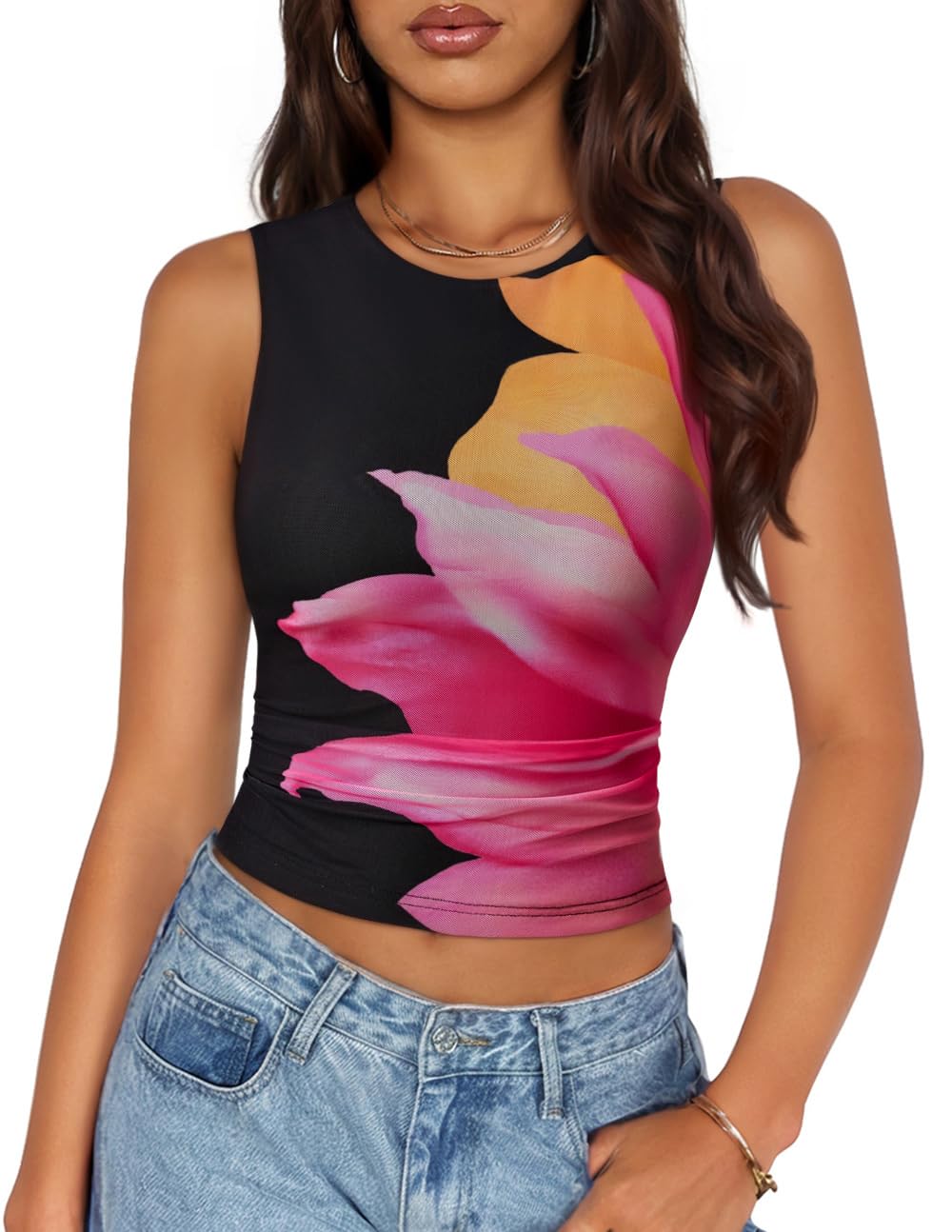 Luxuii Sleeveless Floral Tank Tops Mesh Y2K Crop Going Out Outfits