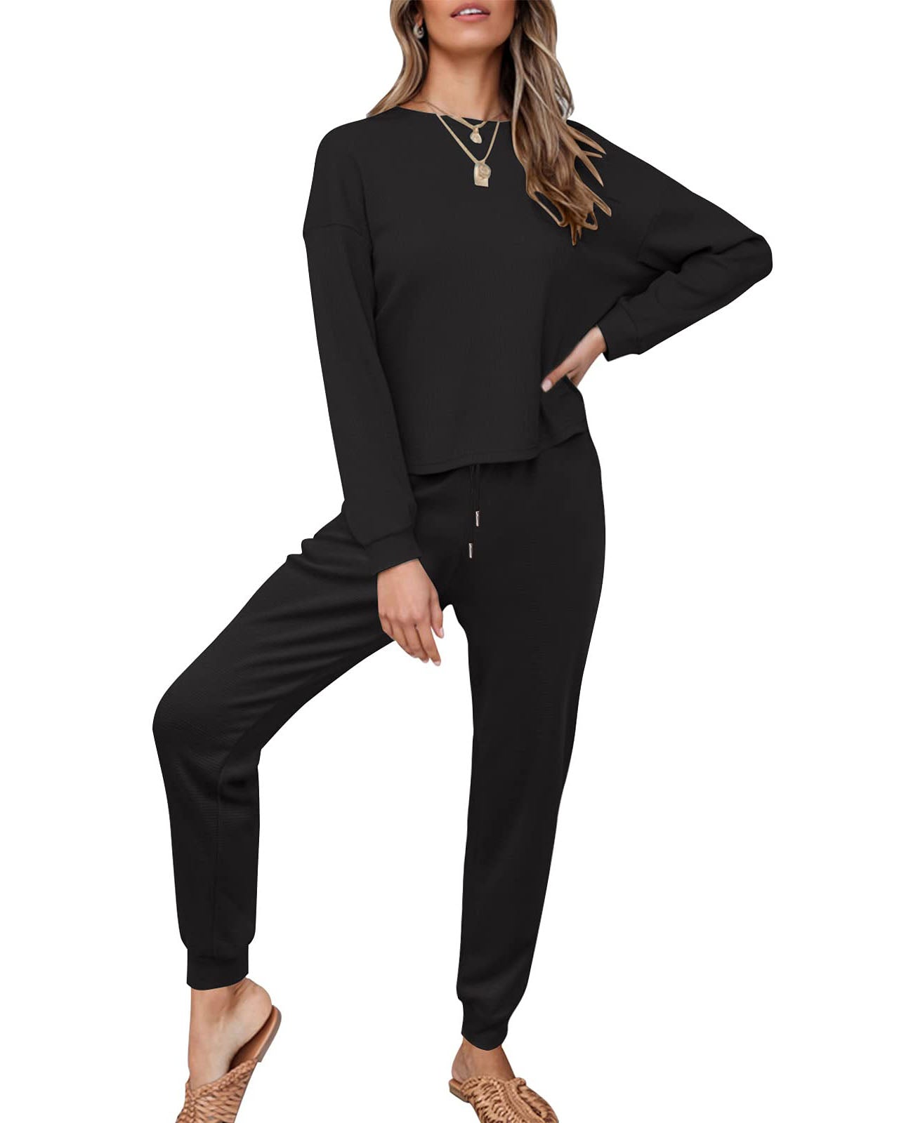 Luxuii Waffle Knit 2PC Sweatsuit Jogger Set