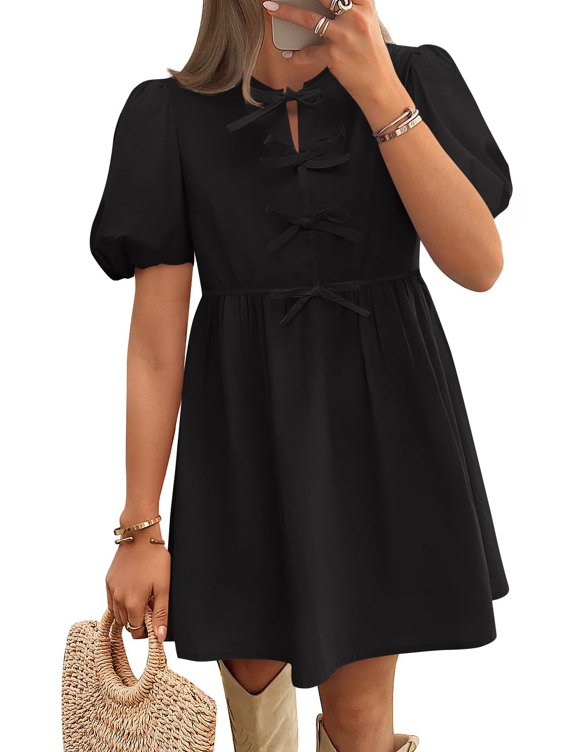 Luxuii Tie Front Cute Babydoll Ruffle Pleated Tunic Dresses