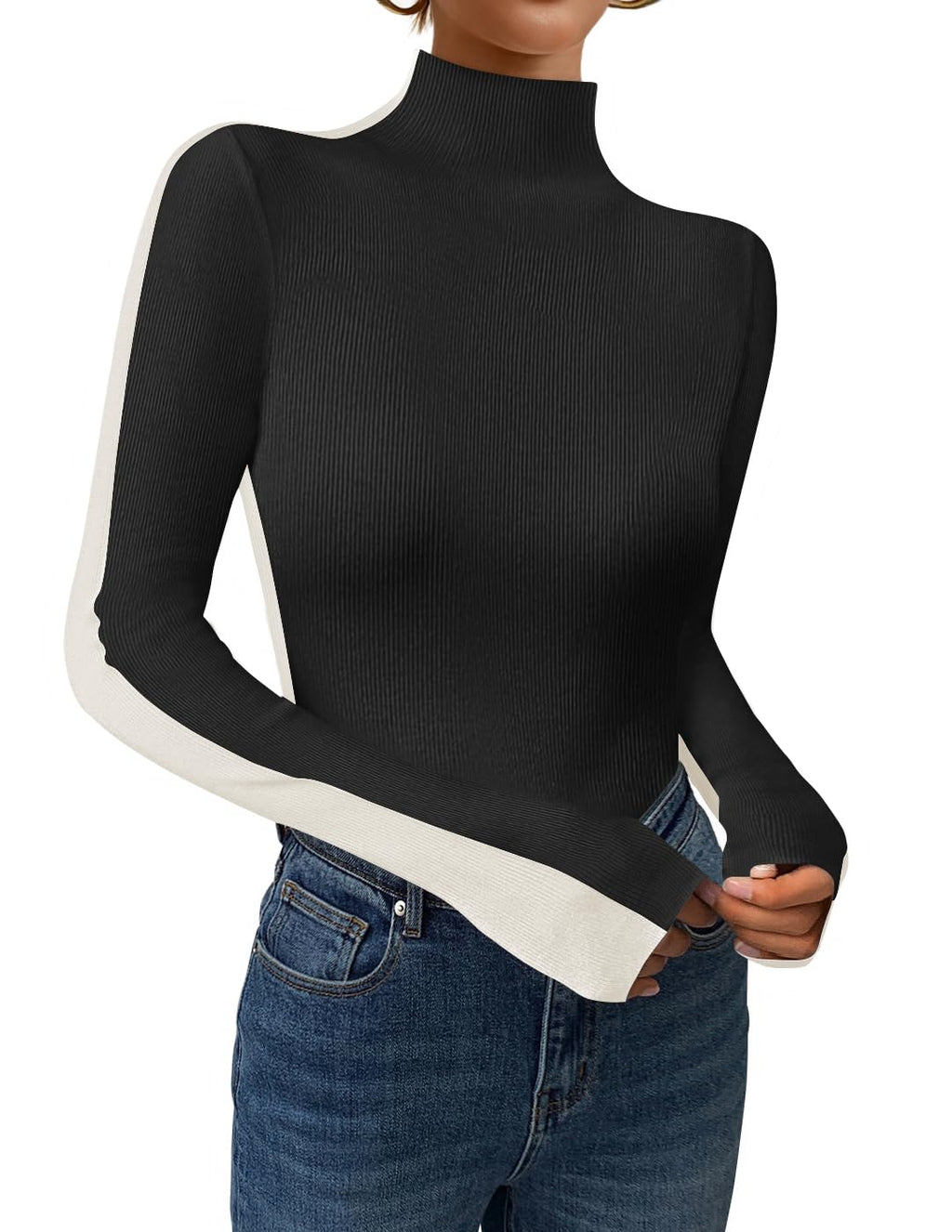 Luxuii Color Block Ribbed Knit Shirts Basic Slim Fit Pullover Tops