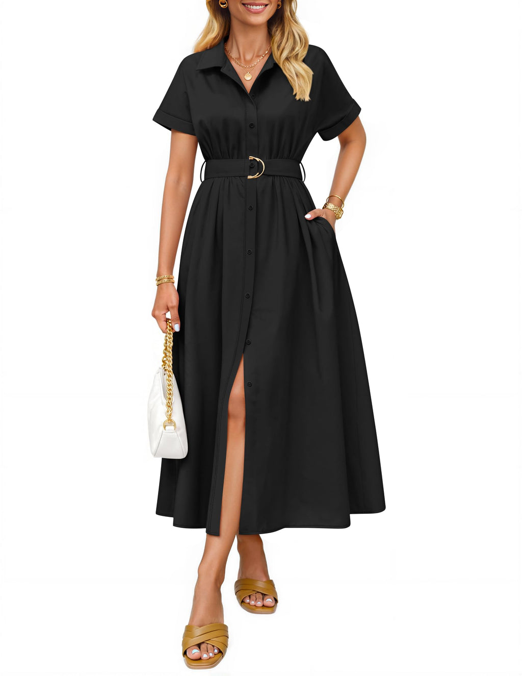 Luxuii Button Down A Line Belt Buiness Casual Shirt Dresses