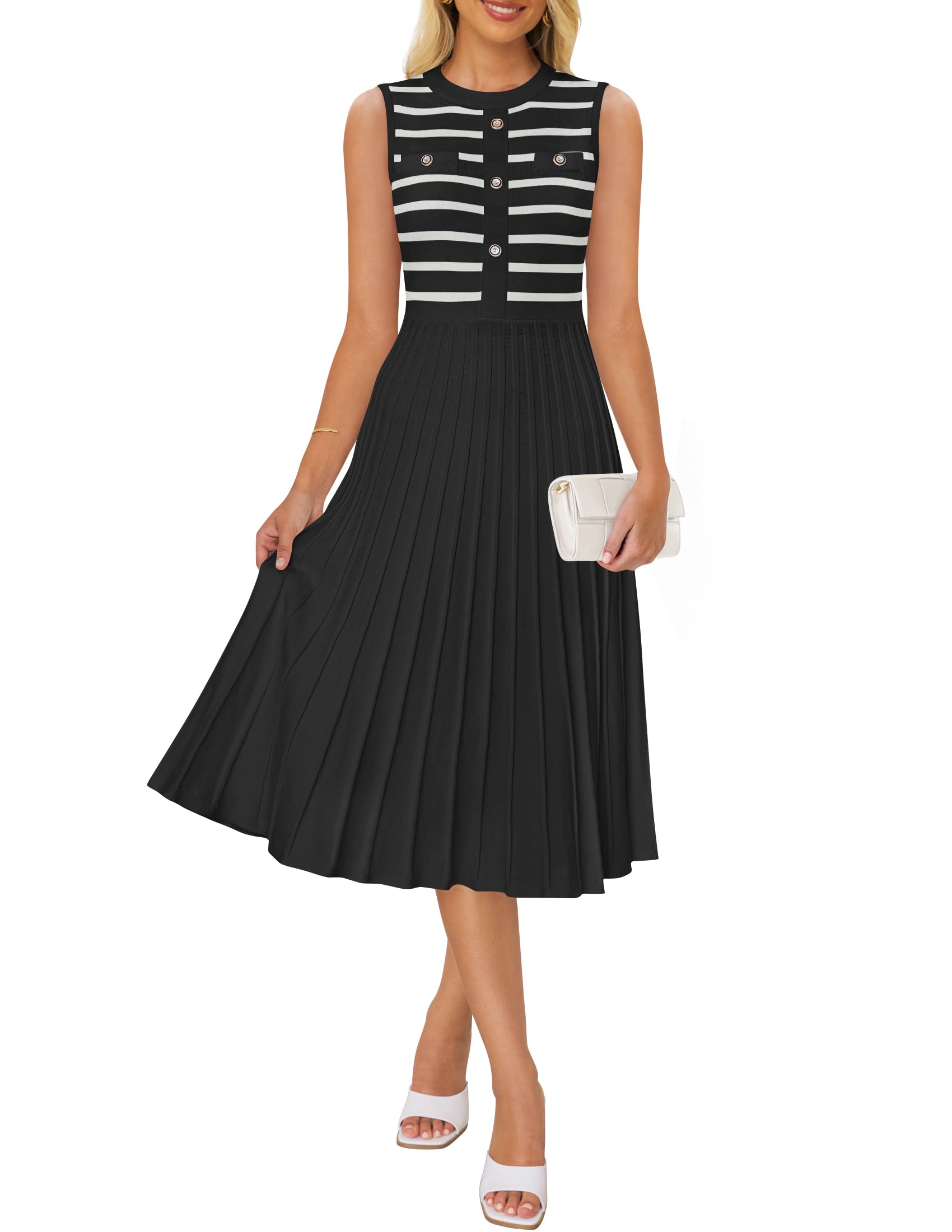 Luxuii Sleeveless Striped Crewneck Button Knit Swing Pleated Midi Dress