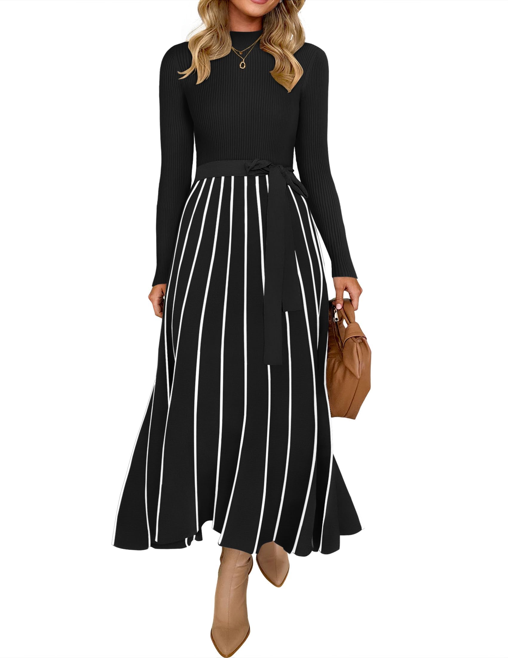 Luxuii Turtleneck Tie Waist Ribbed Knit A Line Midi Dresses
