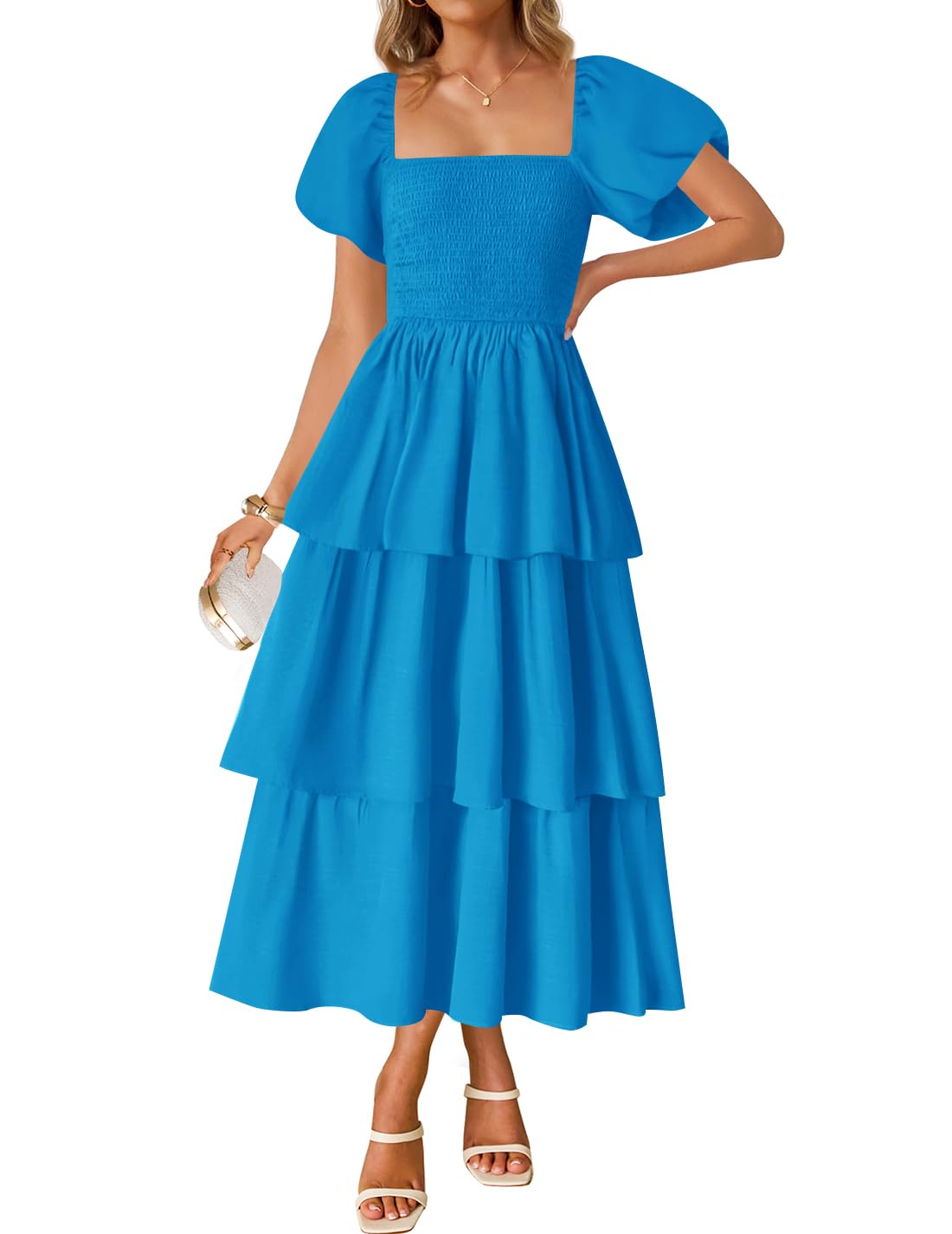 Luxuii Boho Short Puff Sleeve Flowy A Line Tiered Dresses