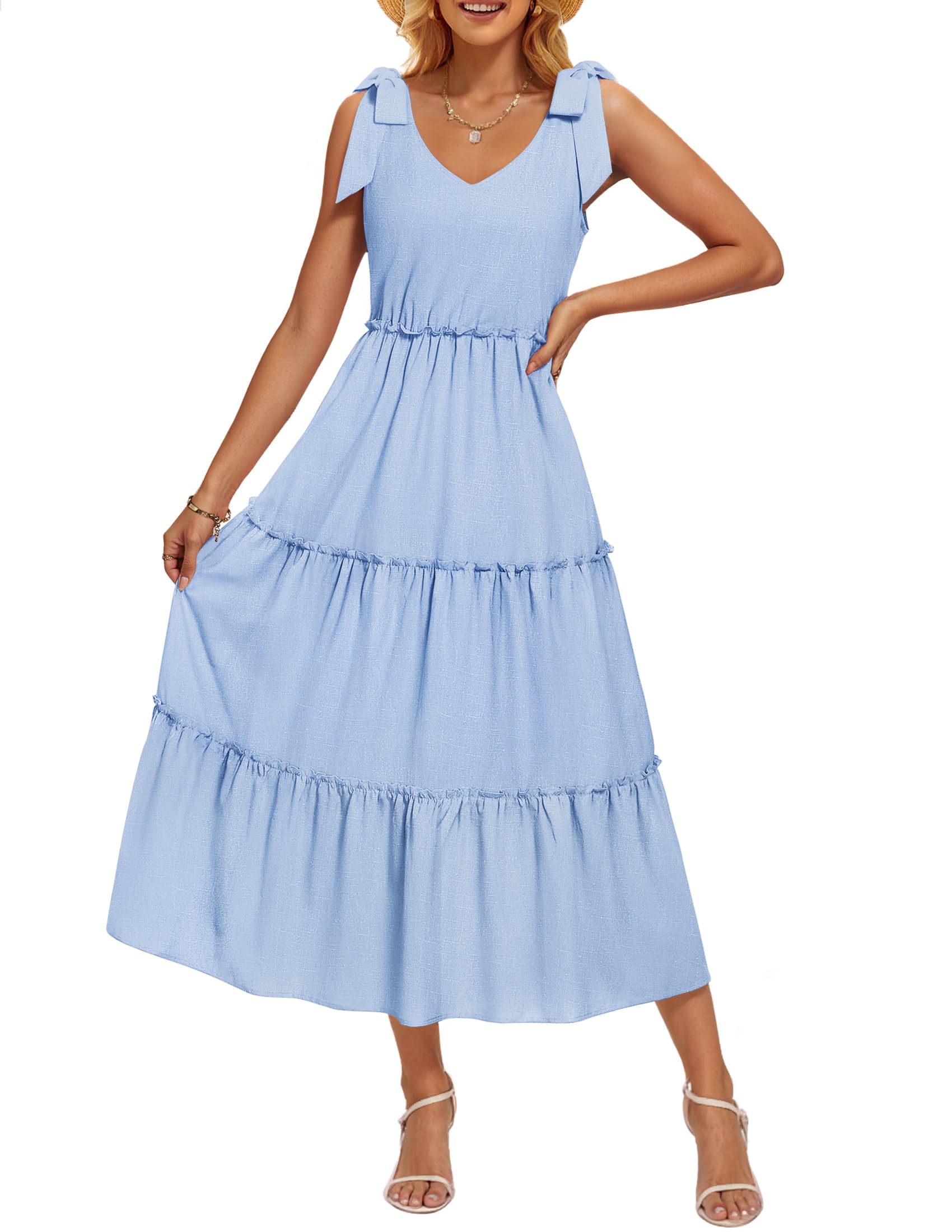 Luxuii Tie Shoulder Flowy Tiered A Line Beach Long Sundress