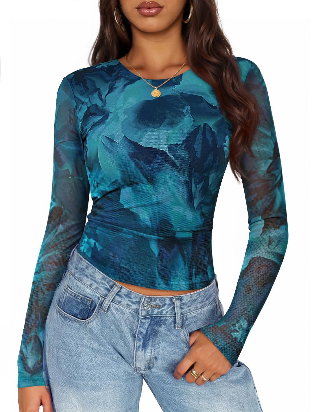 Luxuii Floral Mesh Fall Long Sleeve Crewneck Slim Fit Ruched Y2k Shirts
