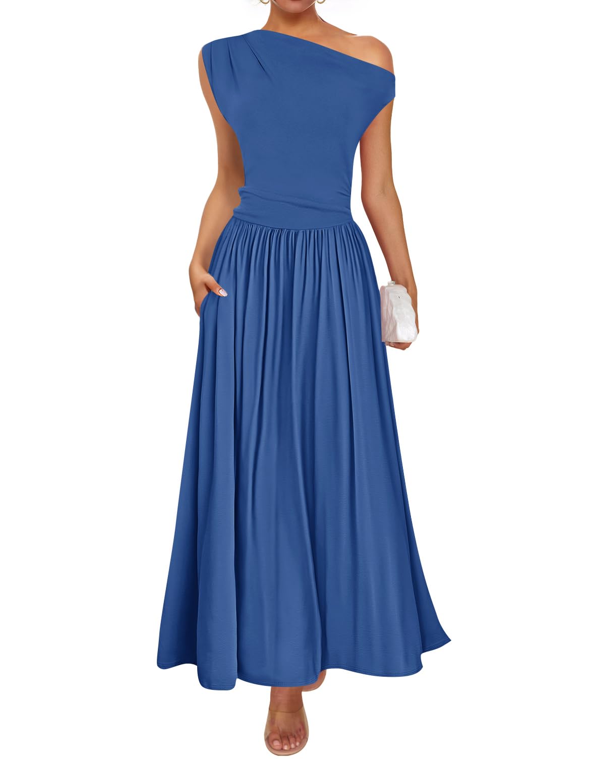Luxuii Sleeveless One Shoulder Casual Slim Swing Pleated Dresses