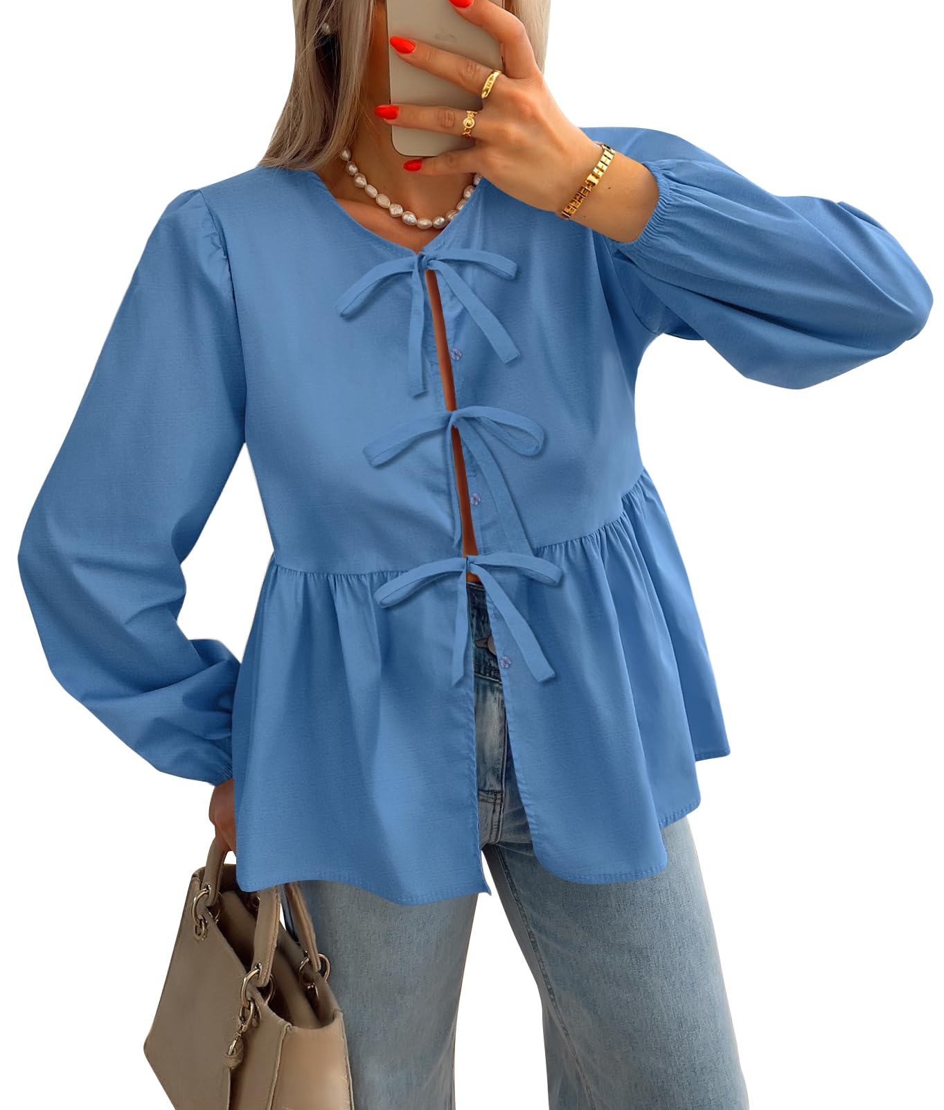 Luxuii Womens Tops Tie Front Long Puff Sleeve Button Peplum Babydoll Cute Shirts