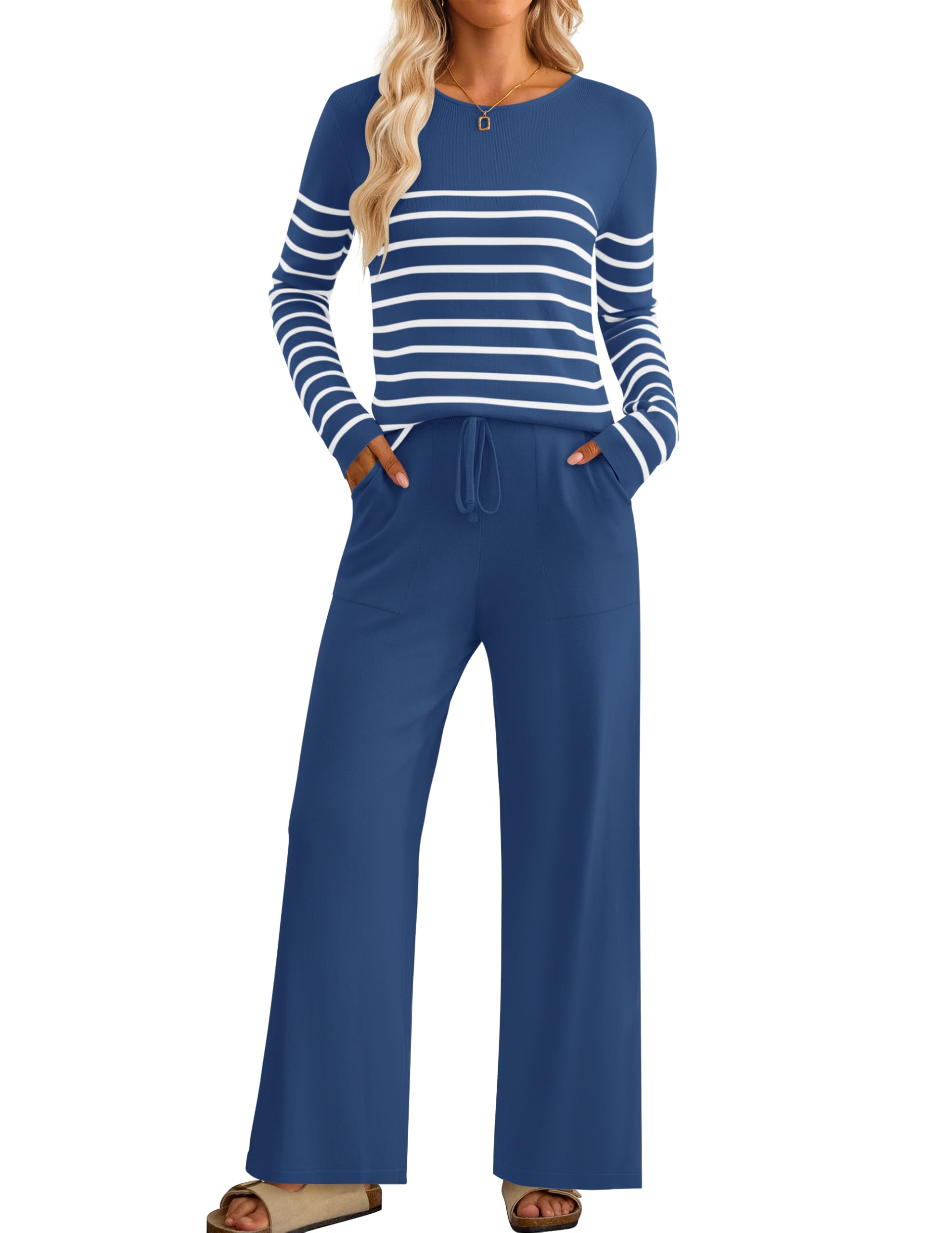 Luxuii Striped Knit Fitted Tops Wide Leg Pants Pajama Sets