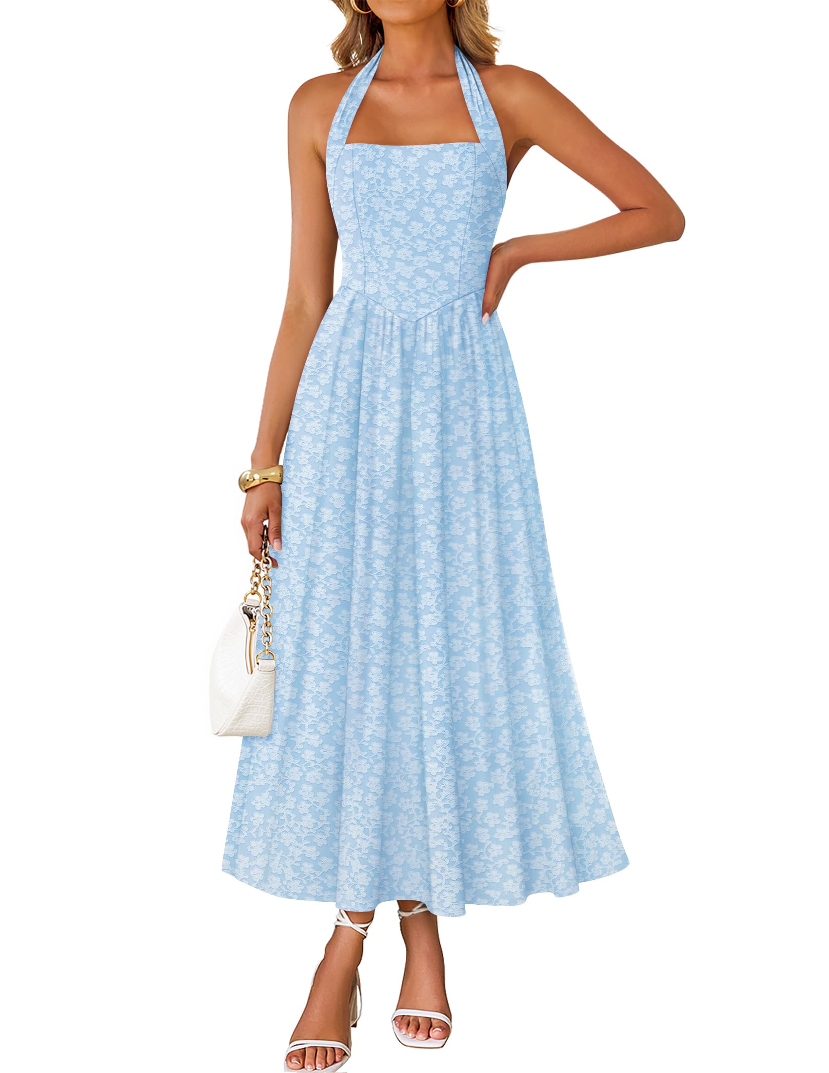 Luxuii Sleeveless Floral Halter Neck Wedding Flowy A Line Long Dress