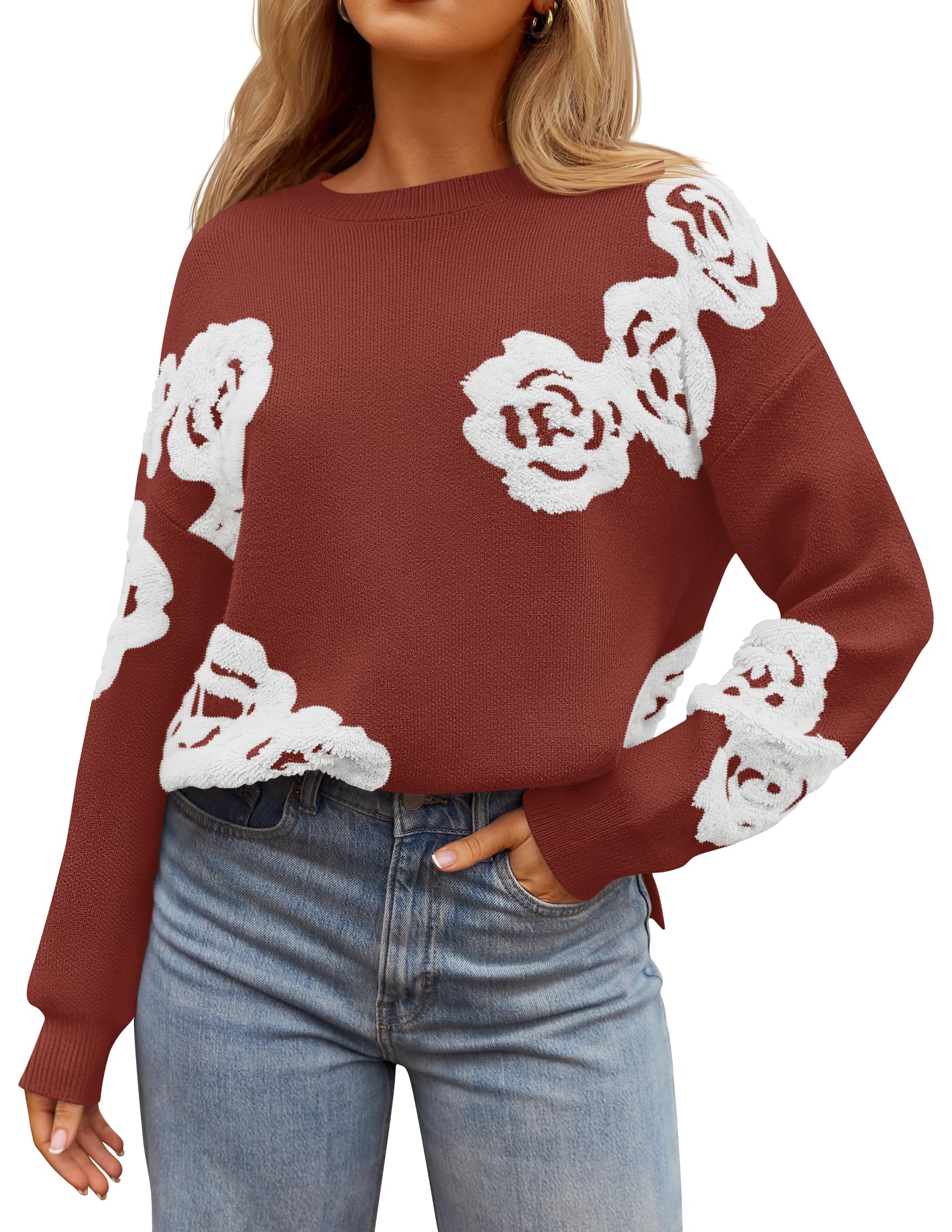 Luxuii Casual Crewneck Floral Oversized Knit Side Slit Pullovers Tops