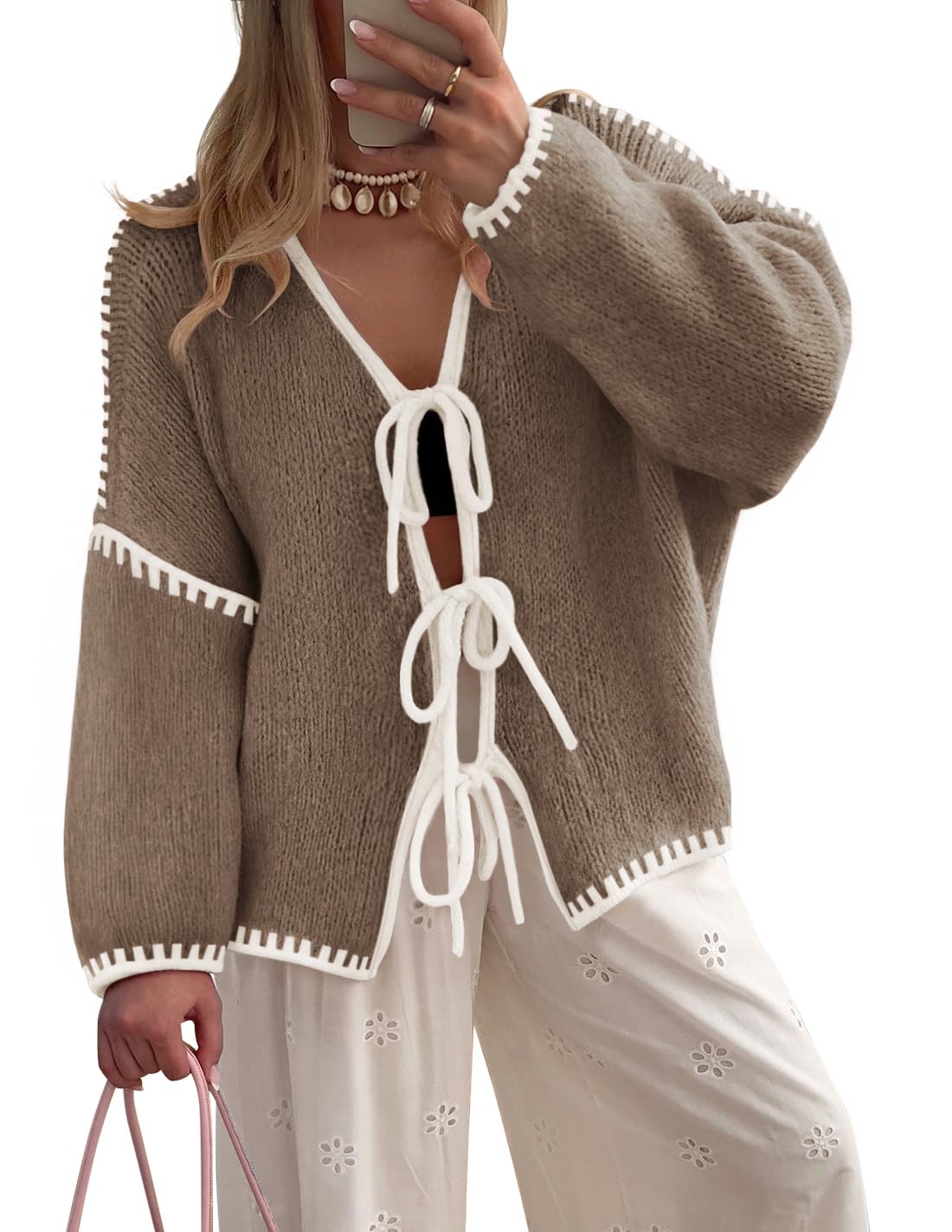 Luxuii Tie Front Bow Knit Color Block Fall Winter Clothing Coats