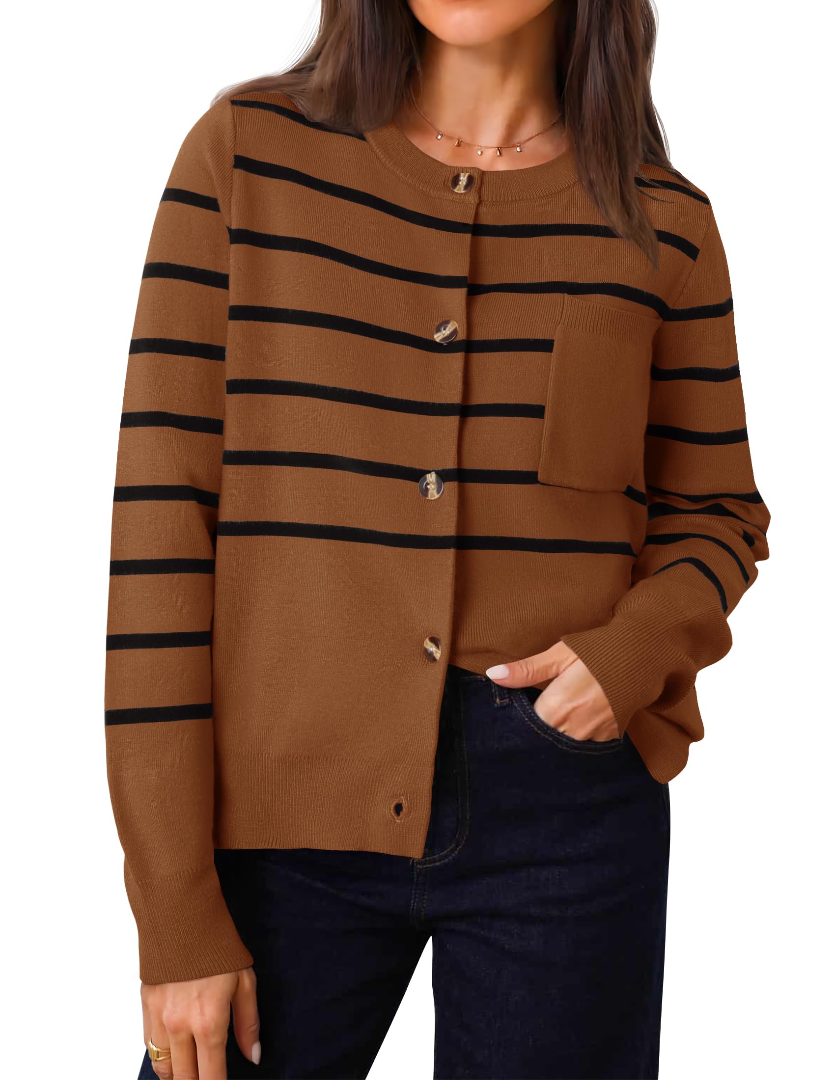 Luxuii Striped Open Front Button Down Knit Outerwear Coat
