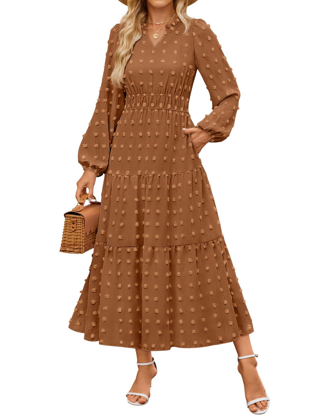 Luxuii Boho V Neck Swiss Dot Tiered Flowy Swing Dress