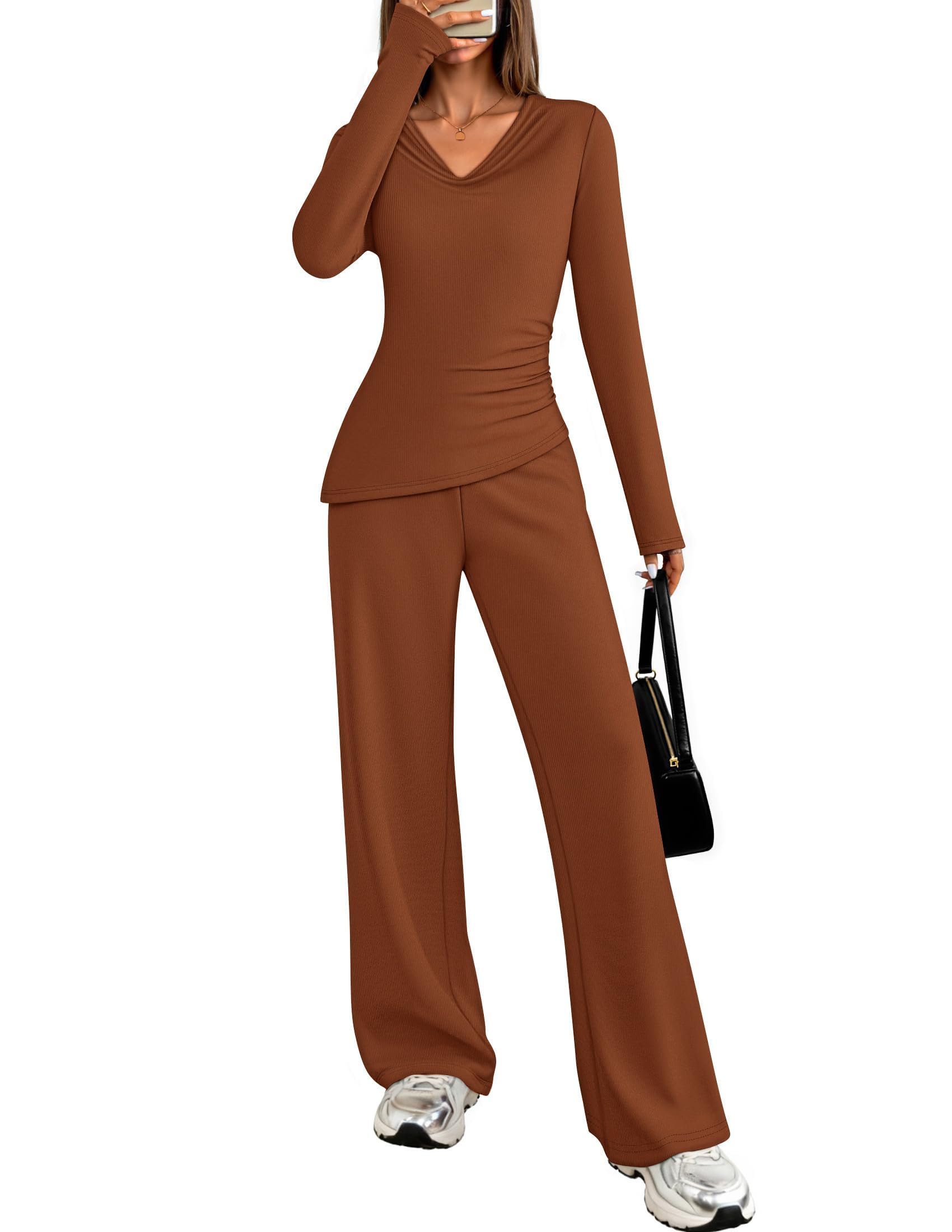 Luxuii Long Sleeve Cowl Neck Asymmetrical Top Wide Leg Pants Matching Set