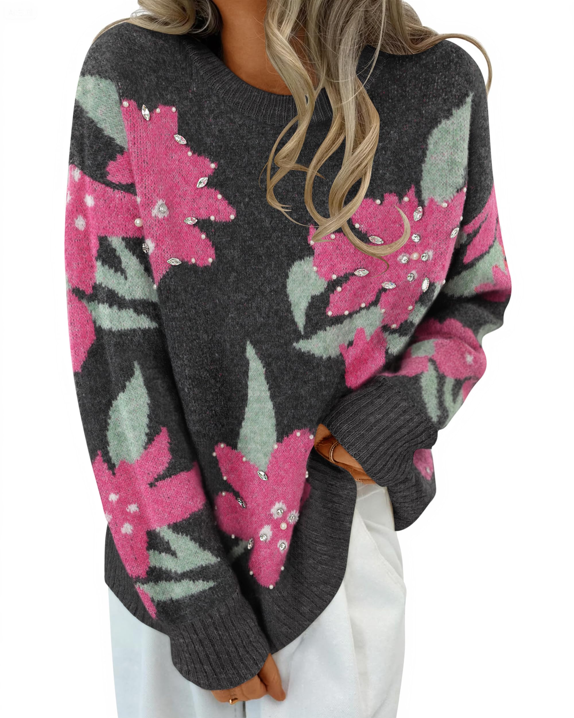 Luxuii Floral Oversized Crewneck Chunky Knit Pullover Sweater Tops