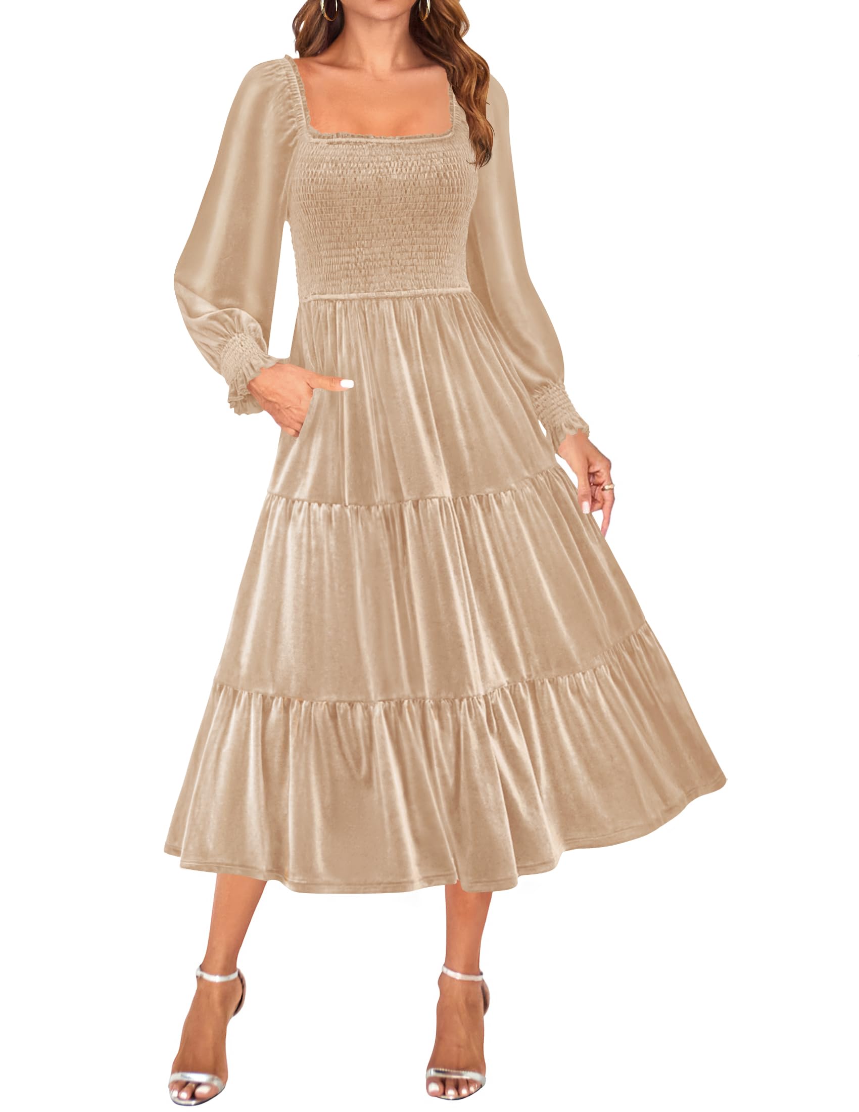 Luxuii Velvet L Neck Smocked Ruffle A Line Flowy Midi Dress