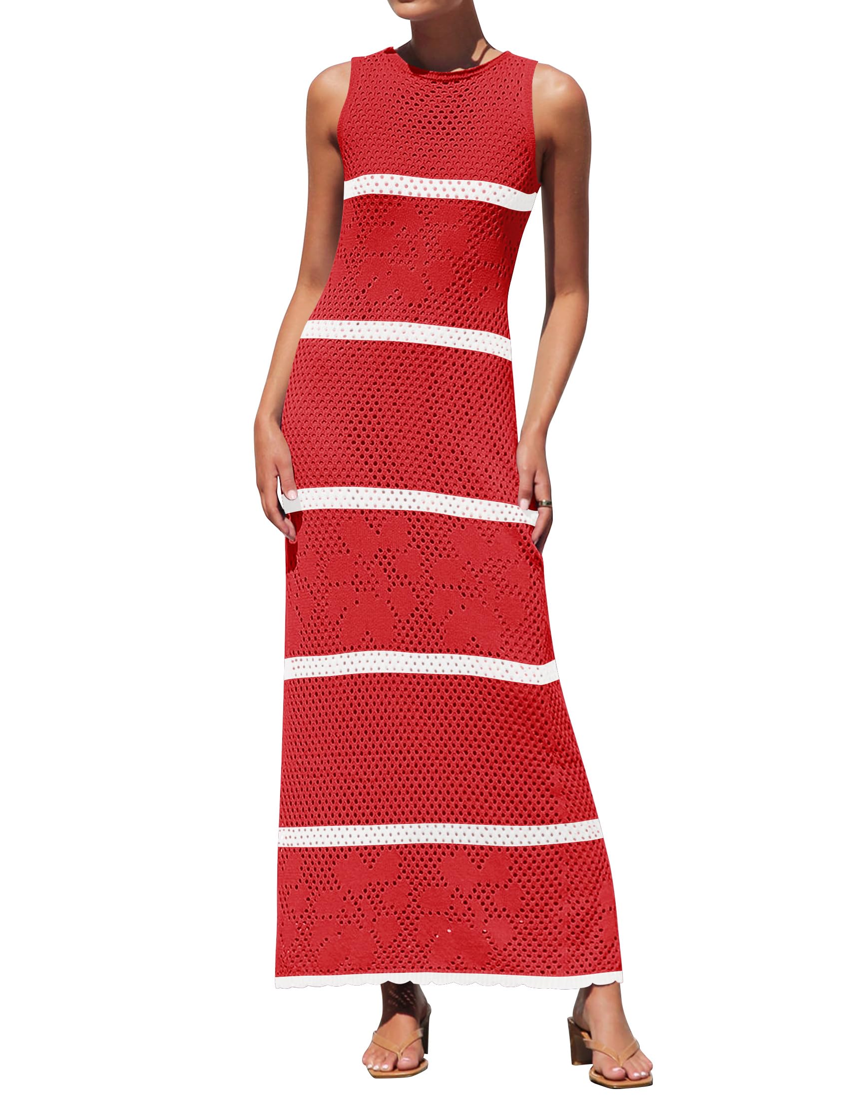 Luxuii Crochet Hollow Out Sleeveless Striped Coverup Sundress
