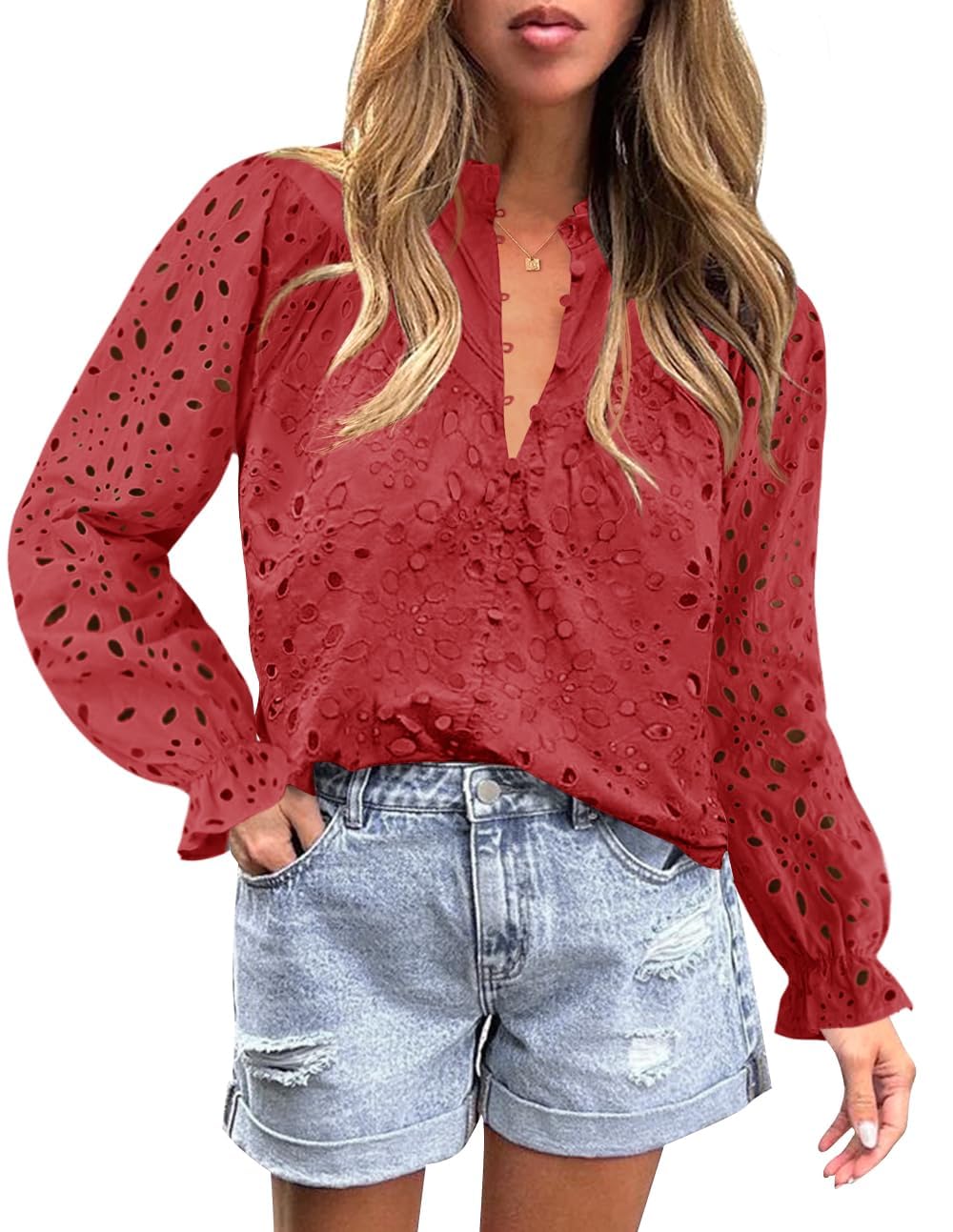 Luxuii Puff Long Sleeve Button V Neck Hollow Out Eyelet Lace Embroidered