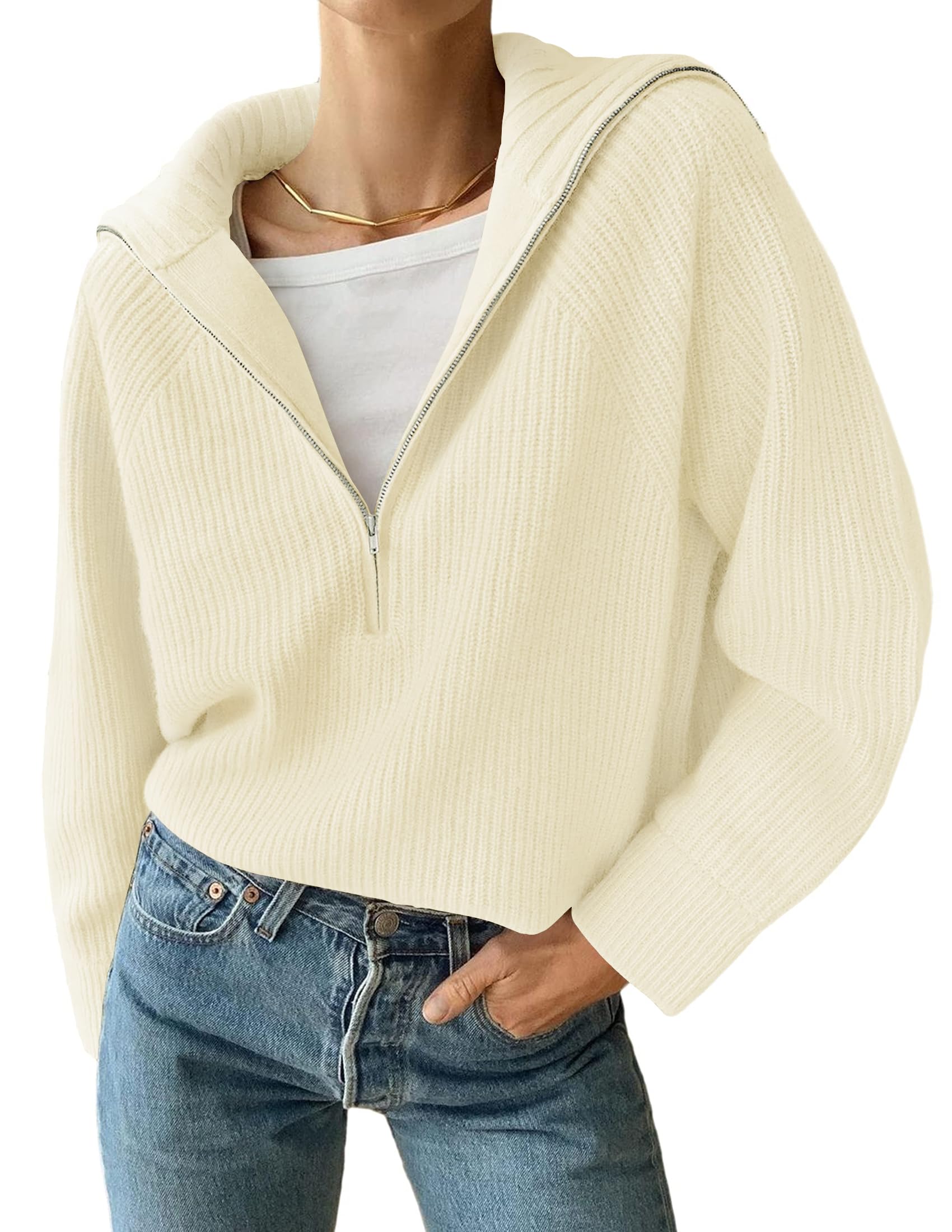 Luxuii Women's V Neck Sweaters Fall Long Sleeve Half Zipper Casual Oversized Tops