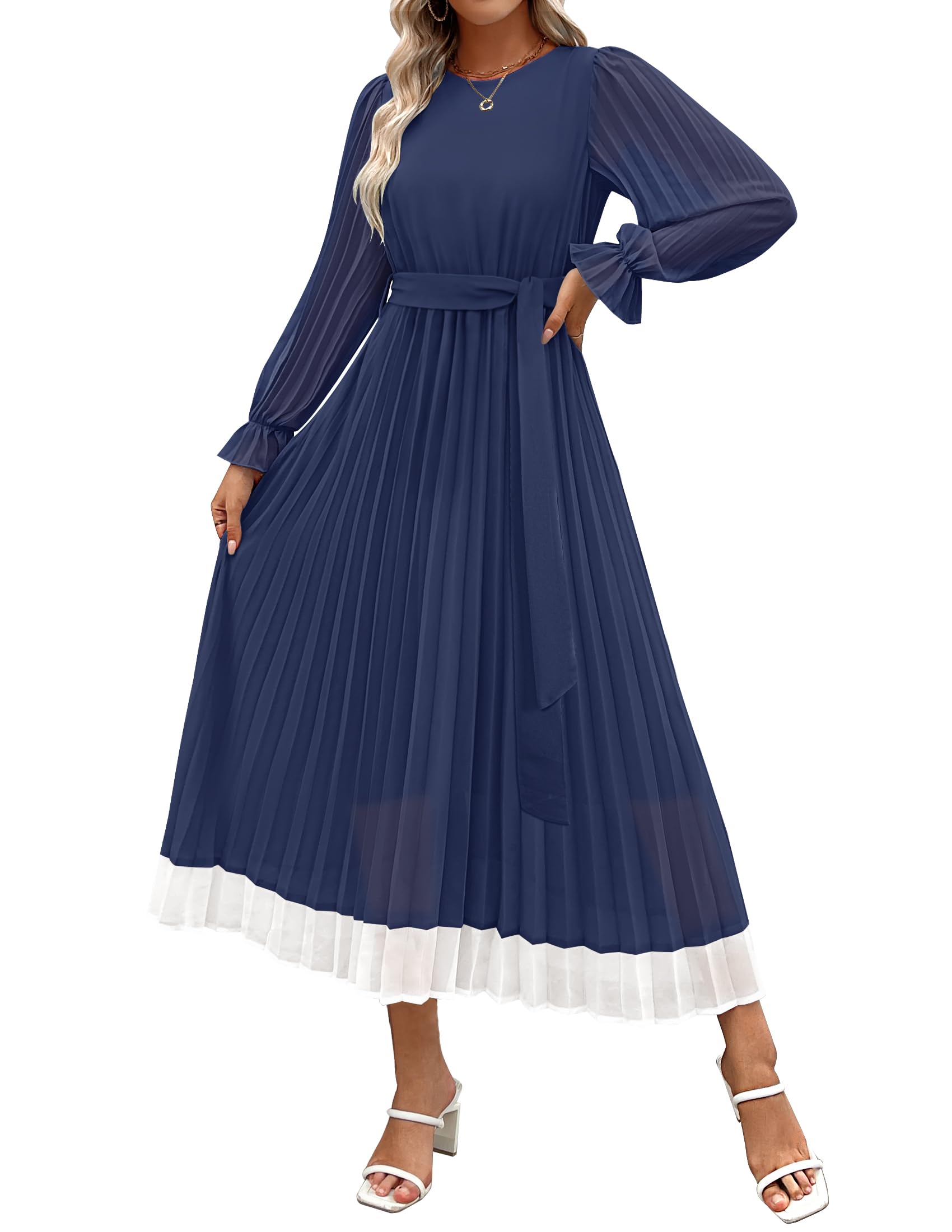 Luxuii Chiffon Crew Neck Pleated A Line Flowy Midi Dresses