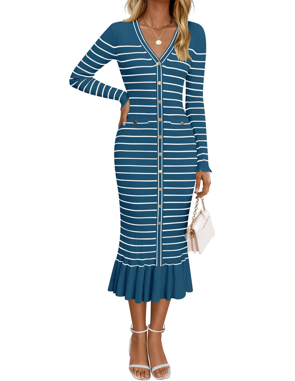 Luxuii Striped V Neck Button Elegant Bodycon Knit Dresses