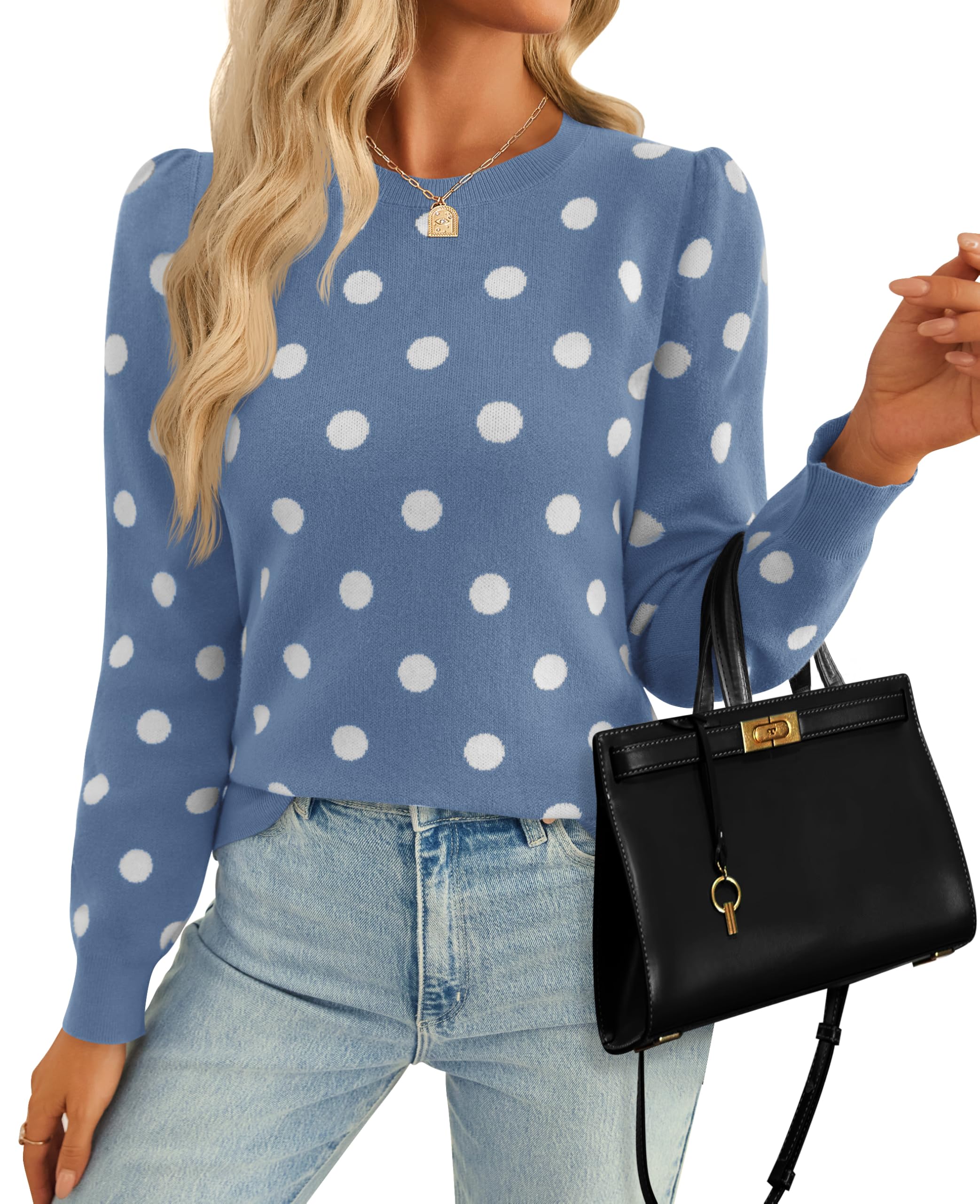 Luxuii Crewneck Polka Dots Ribbed Knit Soft Pullover Sweater